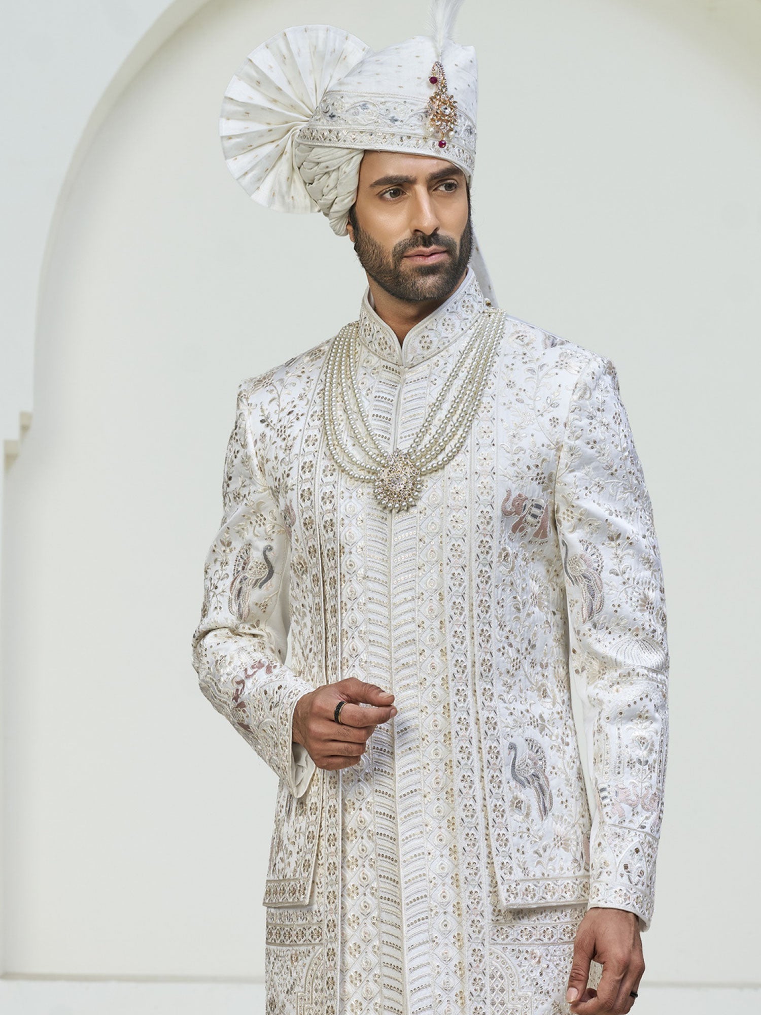 White Stone Augmented Sherwani In Layered Style