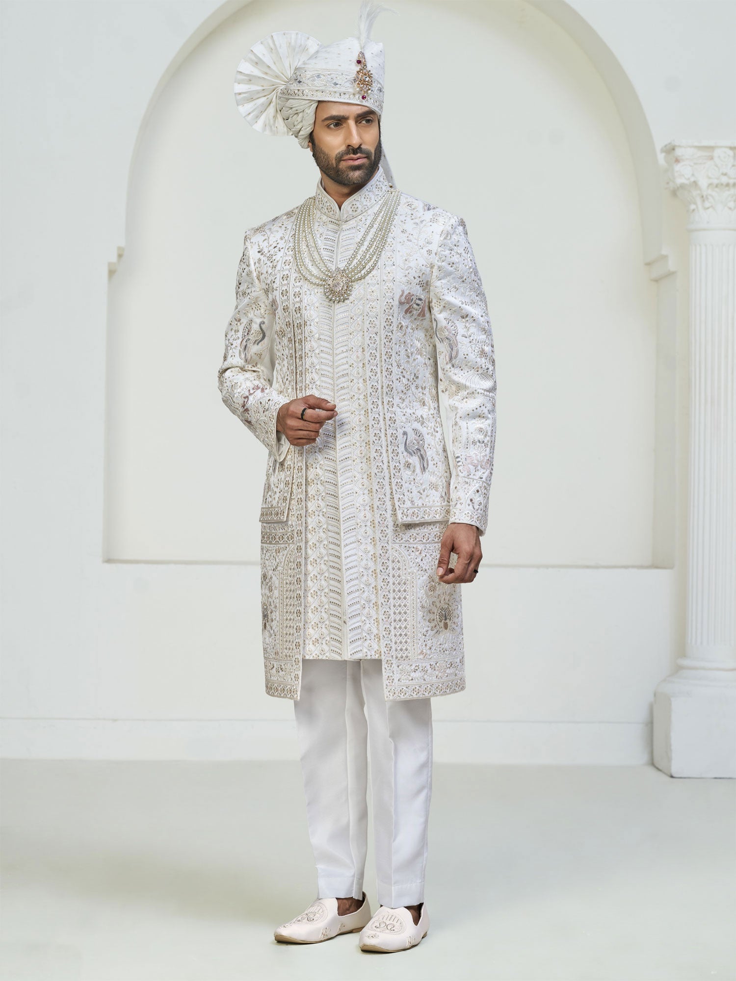White Stone Augmented Sherwani In Layered Style
