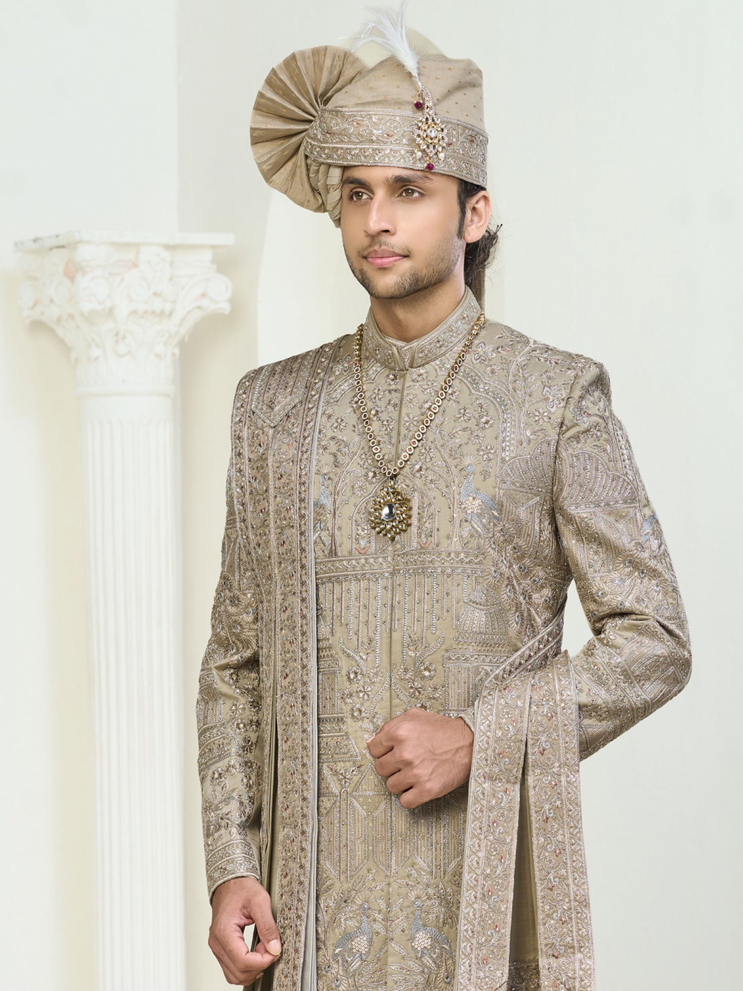 Beige Groom's Sherwani With Kurta In Anarkali Style