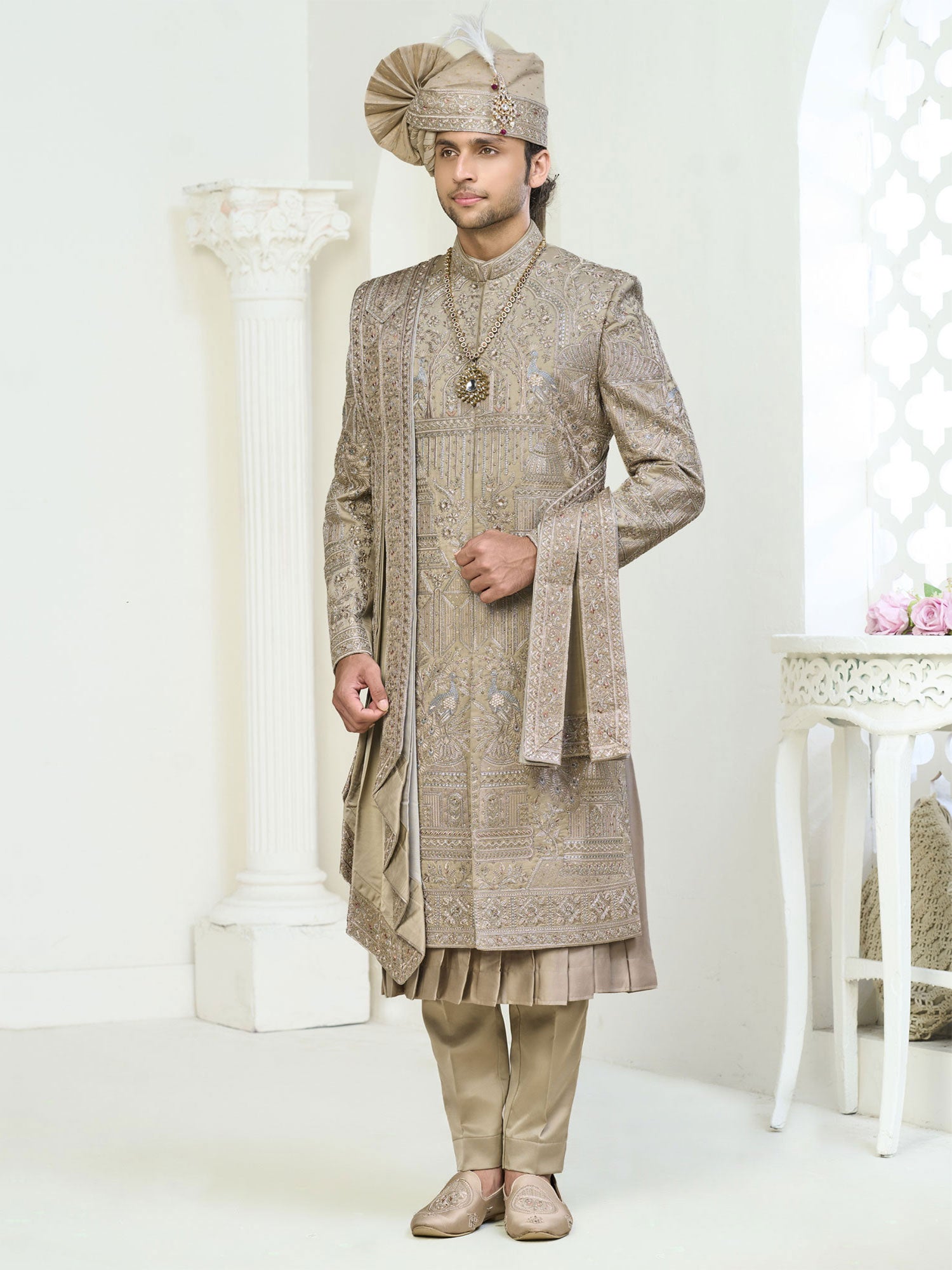 Beige Groom's Sherwani With Kurta In Anarkali Style