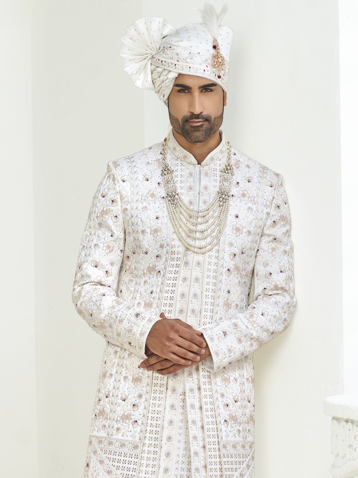 Off White Floral Embellished Layered Sherwani