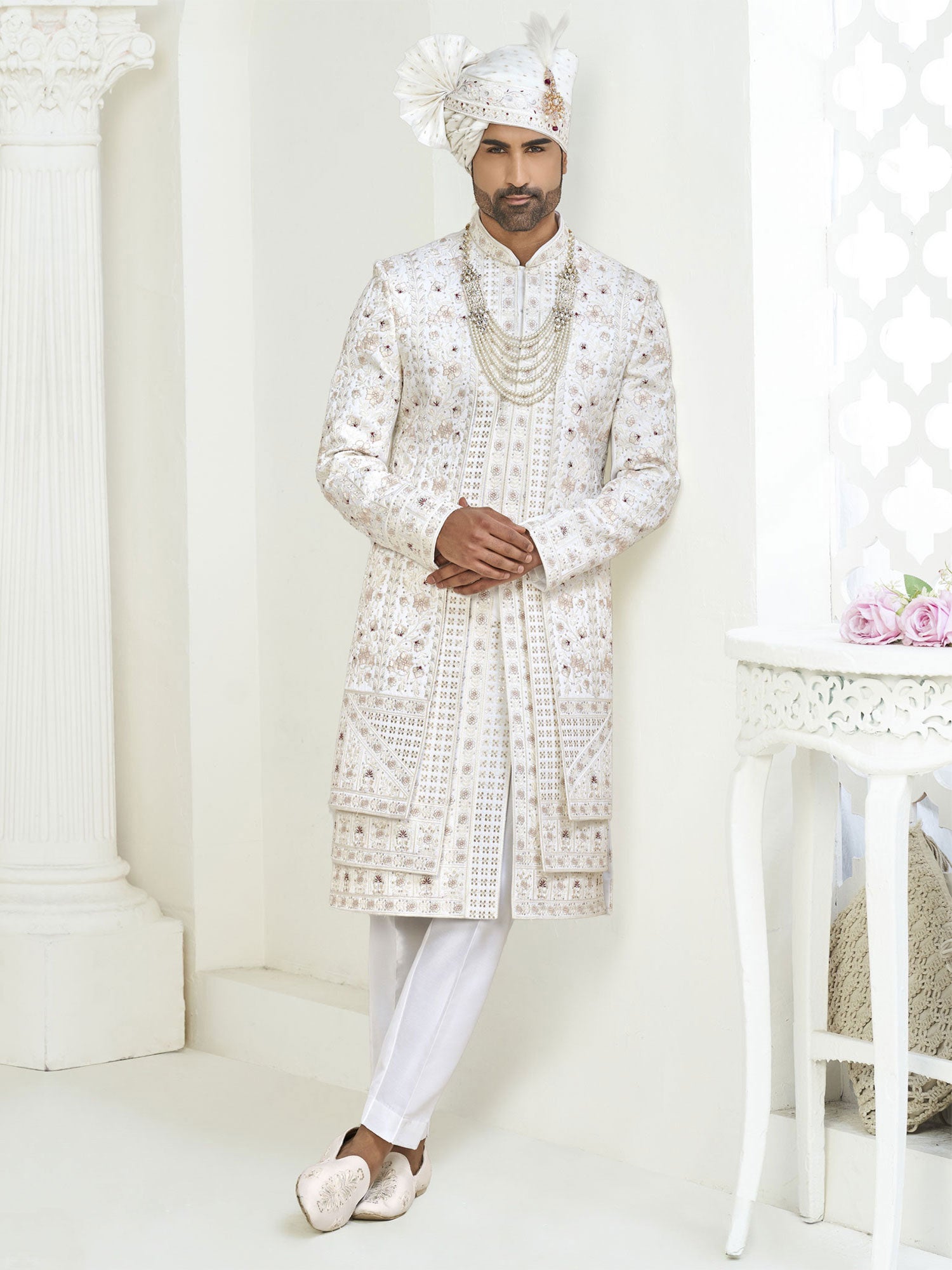 Off White Floral Embellished Layered Sherwani