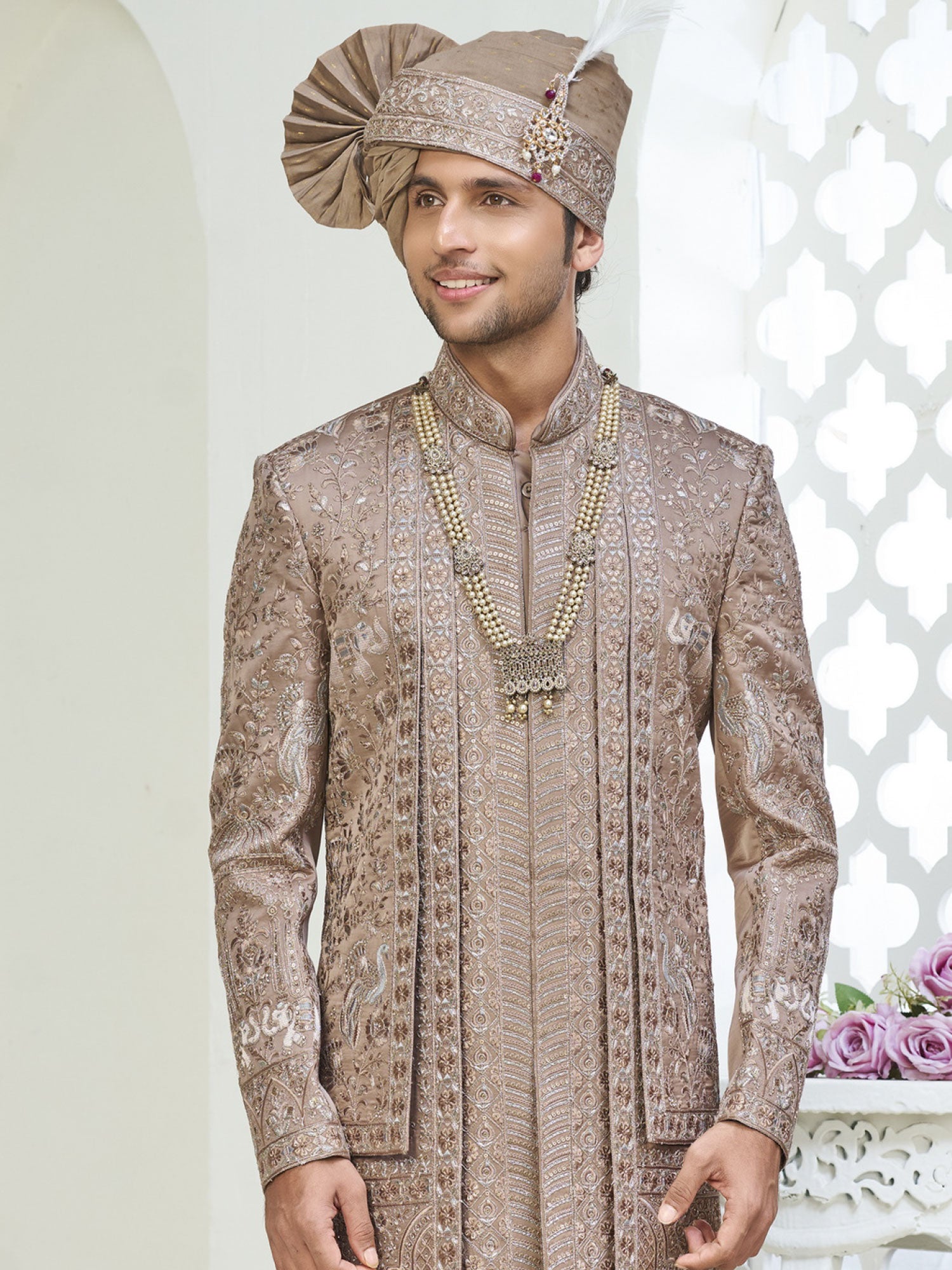 Rosegold Beige Sequins Work Men's Sherwani Set
