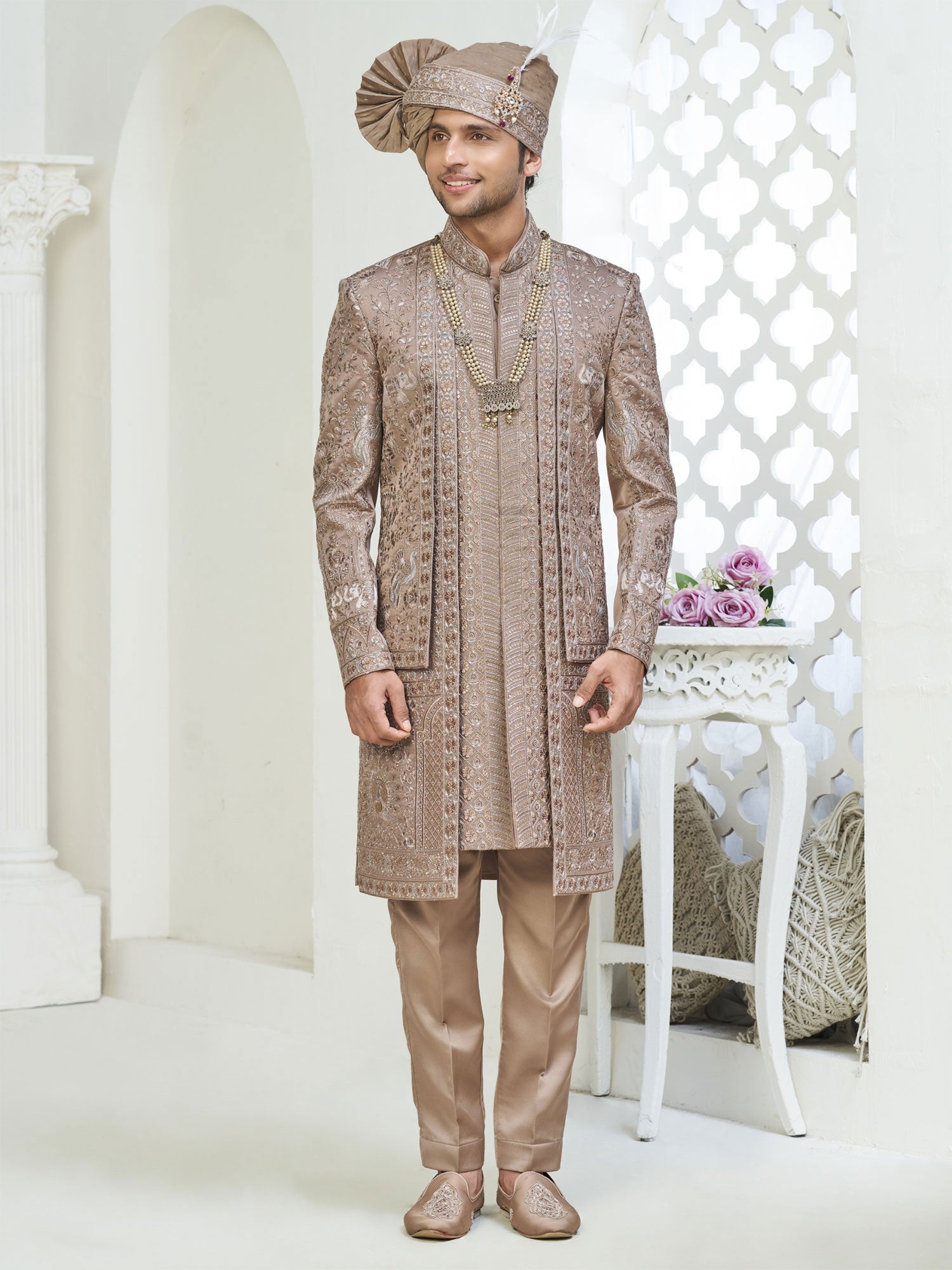 Rosegold Beige Sequins Work Men's Sherwani Set