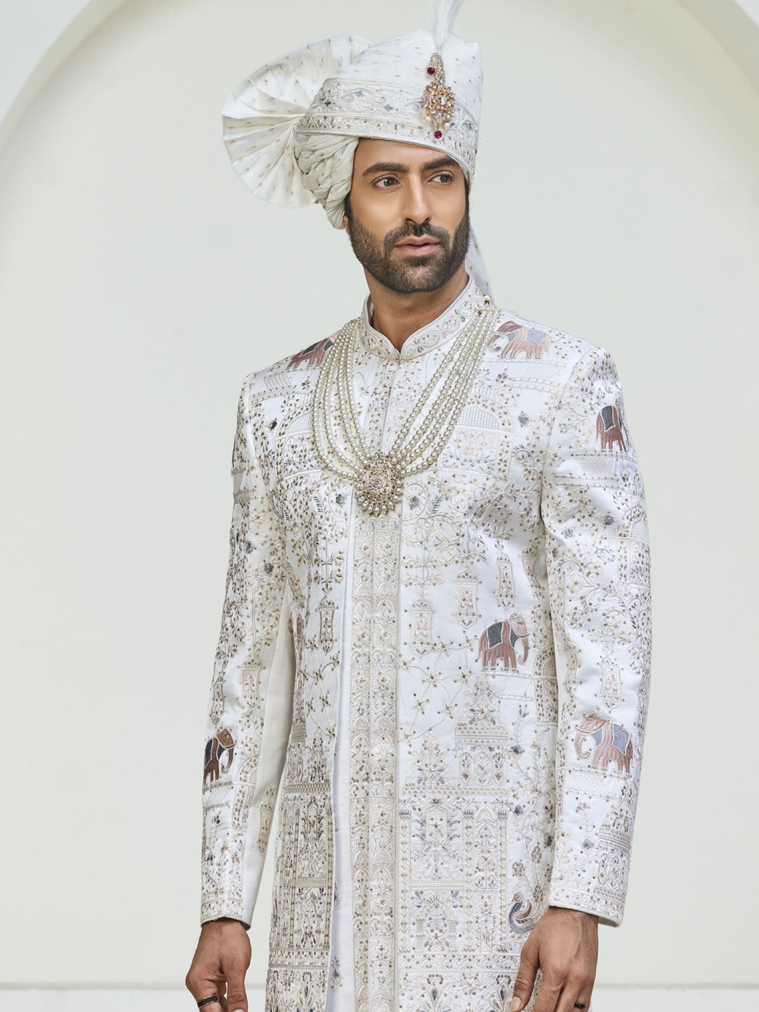 White Heavy Embroidered Layered Sherwani Set