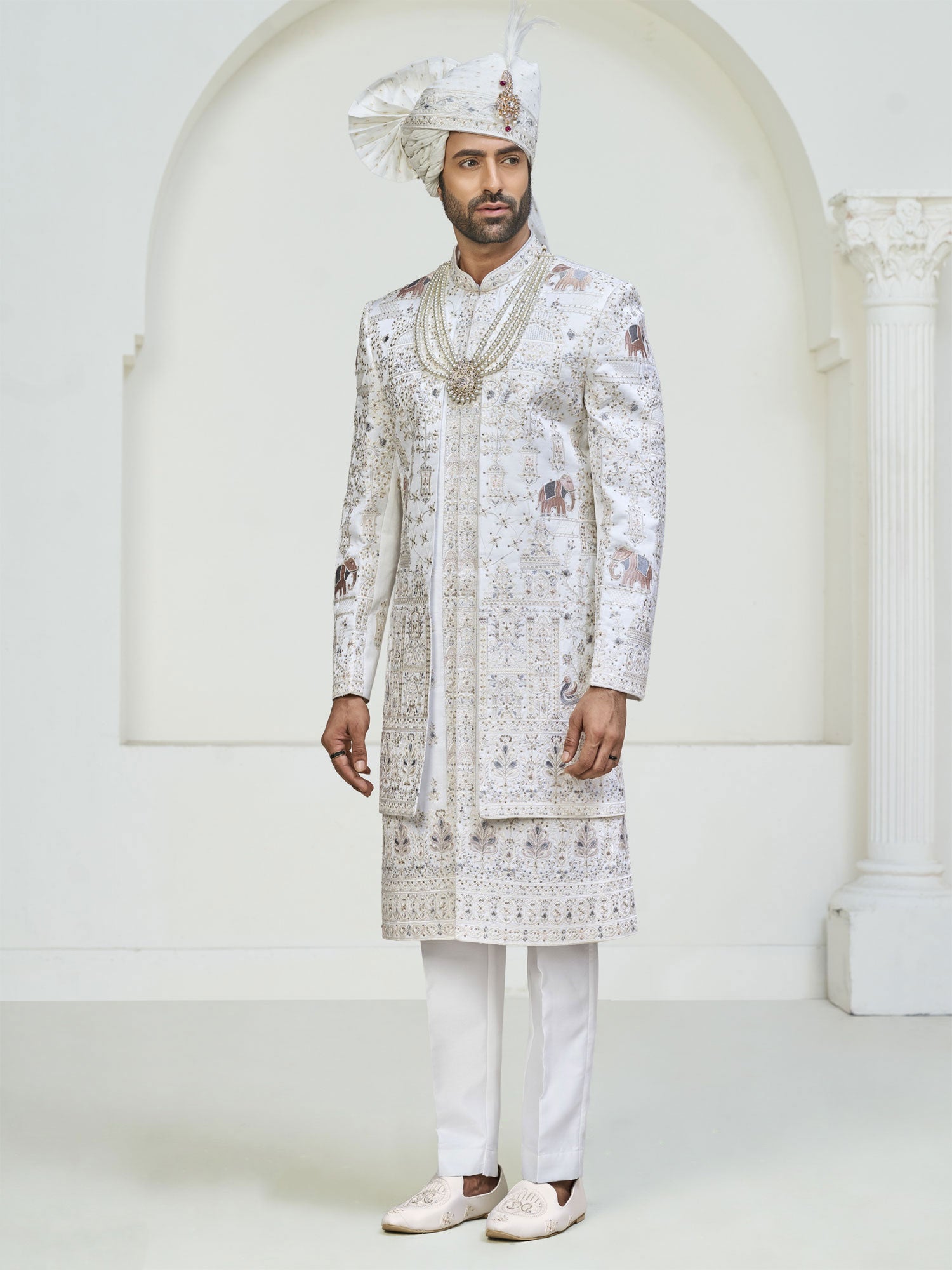 White Heavy Embroidered Layered Sherwani Set