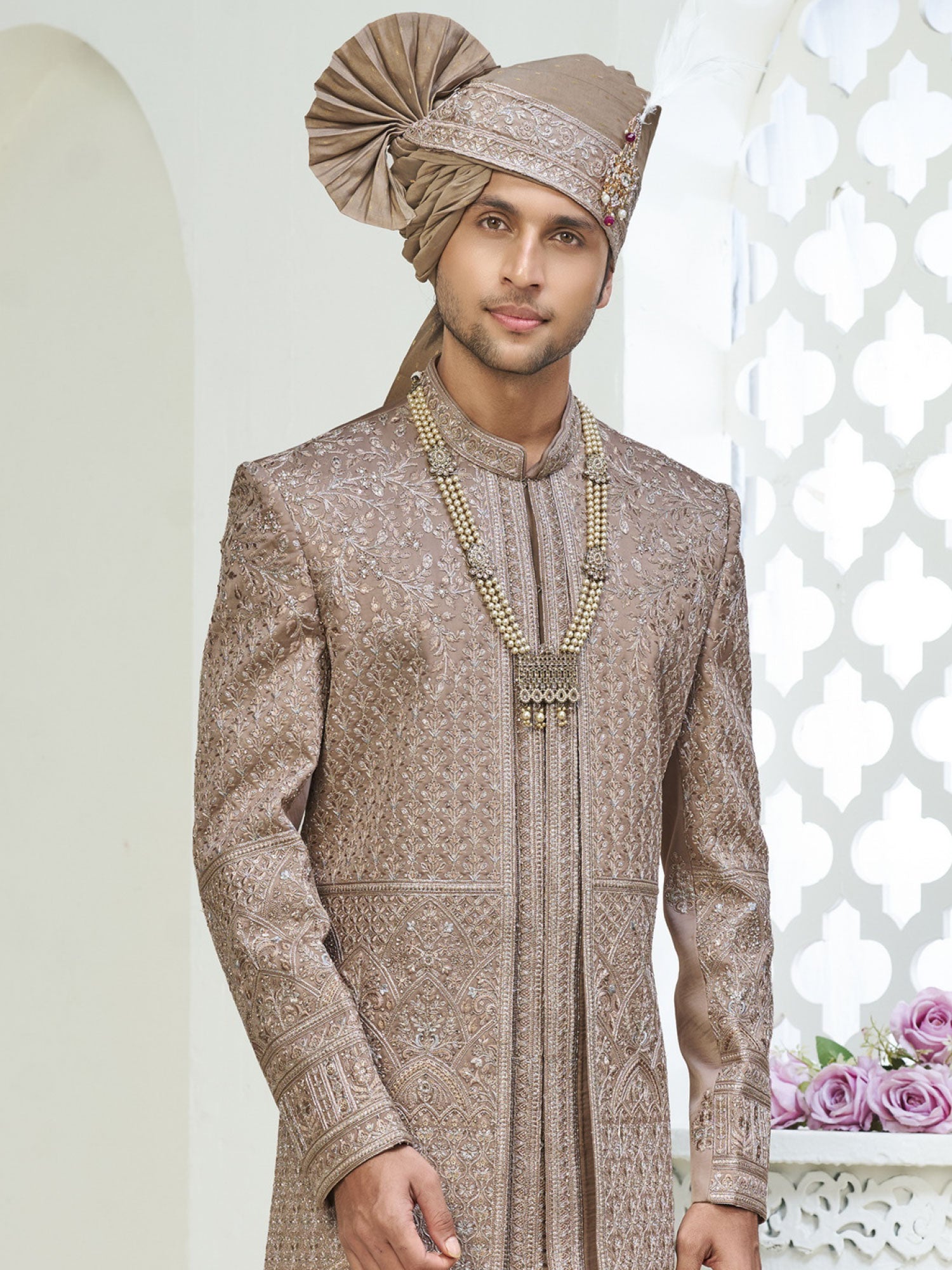 Rosegold Beige Layered Silk Sherwani For Men's