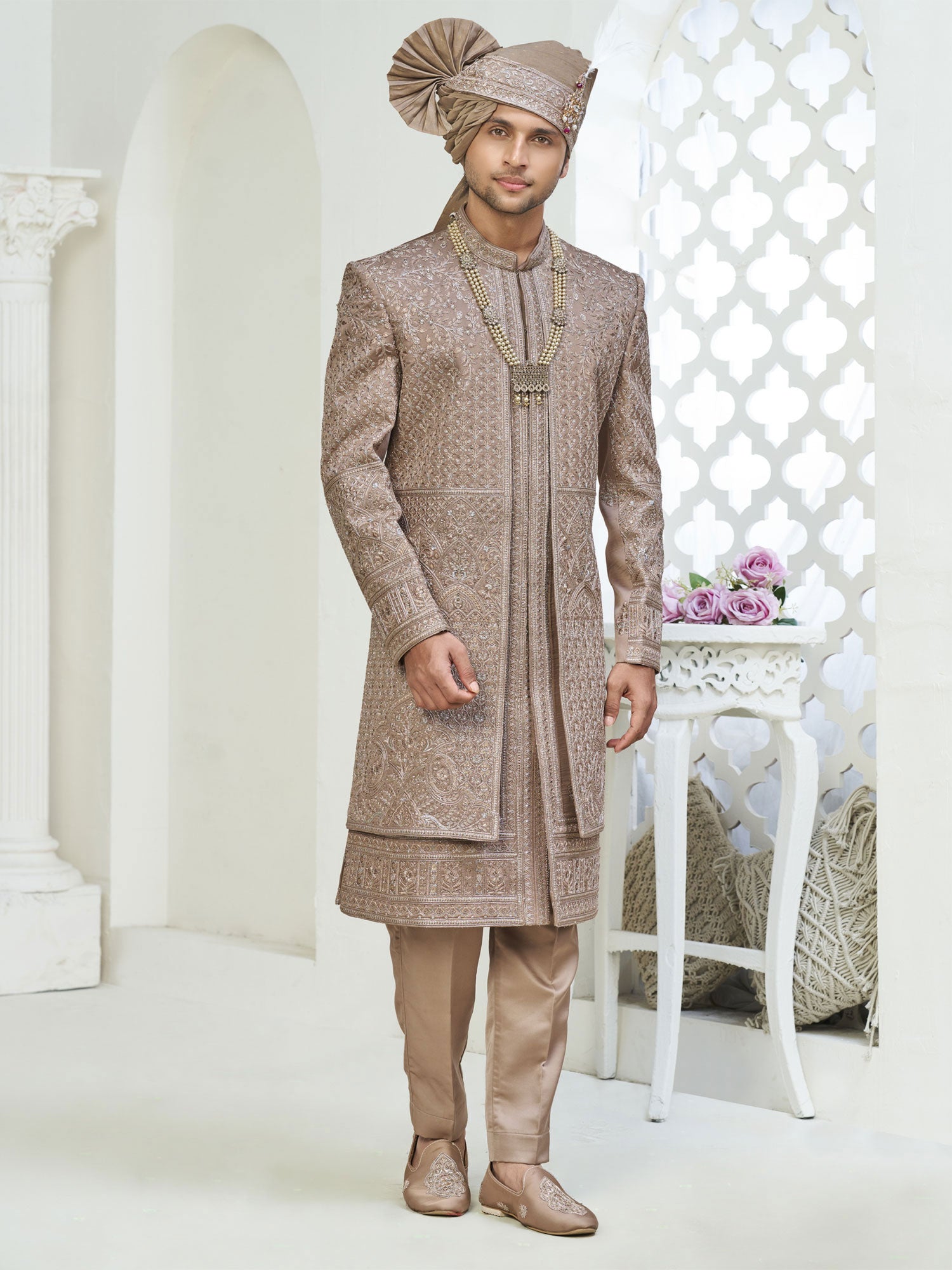 Rosegold Beige Layered Silk Sherwani For Men's