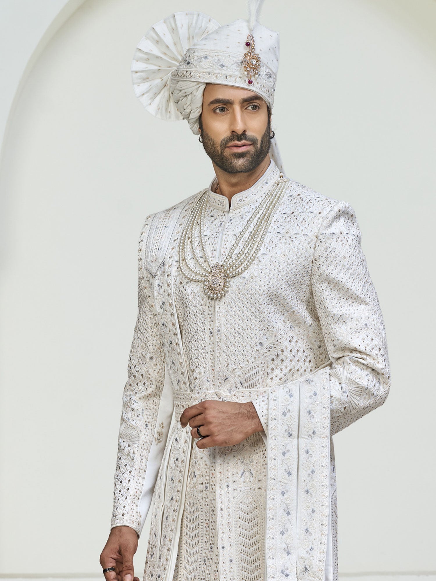 White Embroidered Groom's Sherwani With Stole