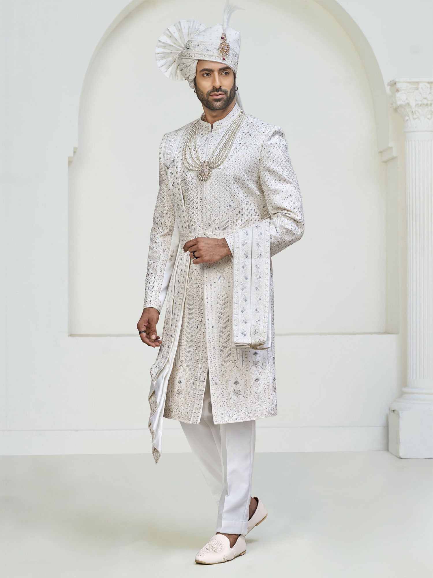 White Embroidered Groom's Sherwani With Stole