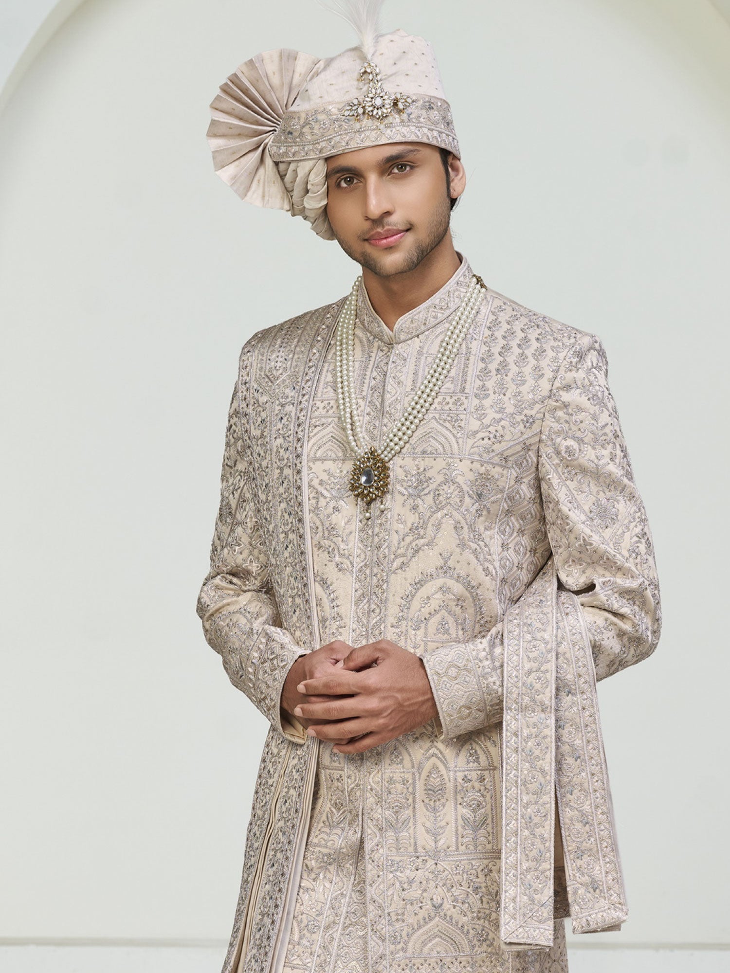 Cream Groom's Sherwani With Stone Embroidered Stole