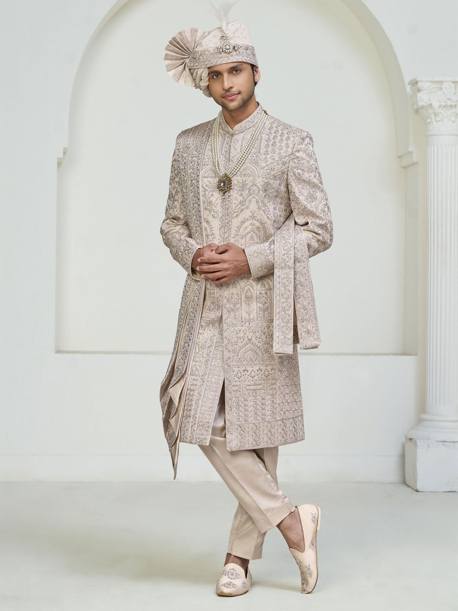 Cream Groom's Sherwani With Stone Embroidered Stole