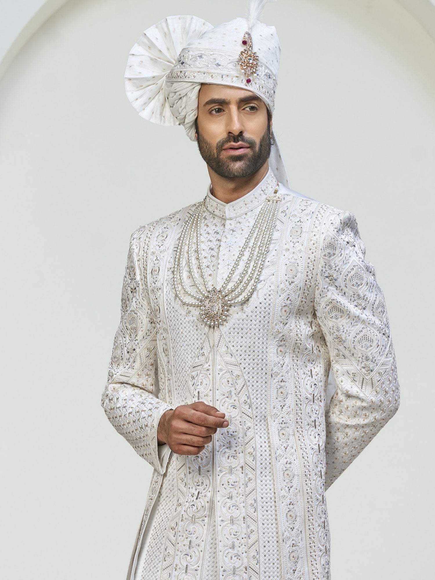 White Stone Work Augmented Sherwani In Silk