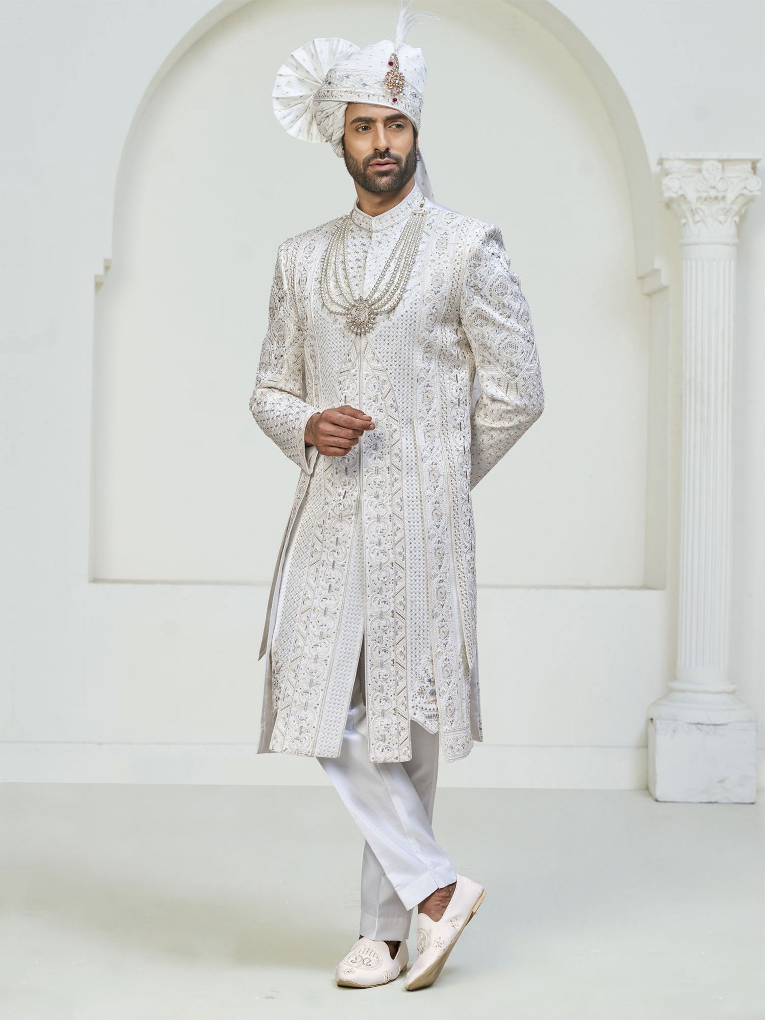 White Stone Work Augmented Sherwani In Silk