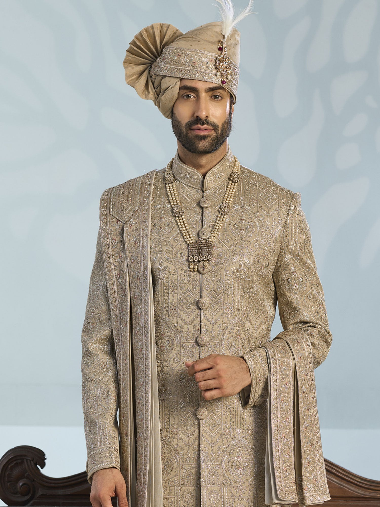 Golden Silk Sherwani With Stole In Heavy Embroidery