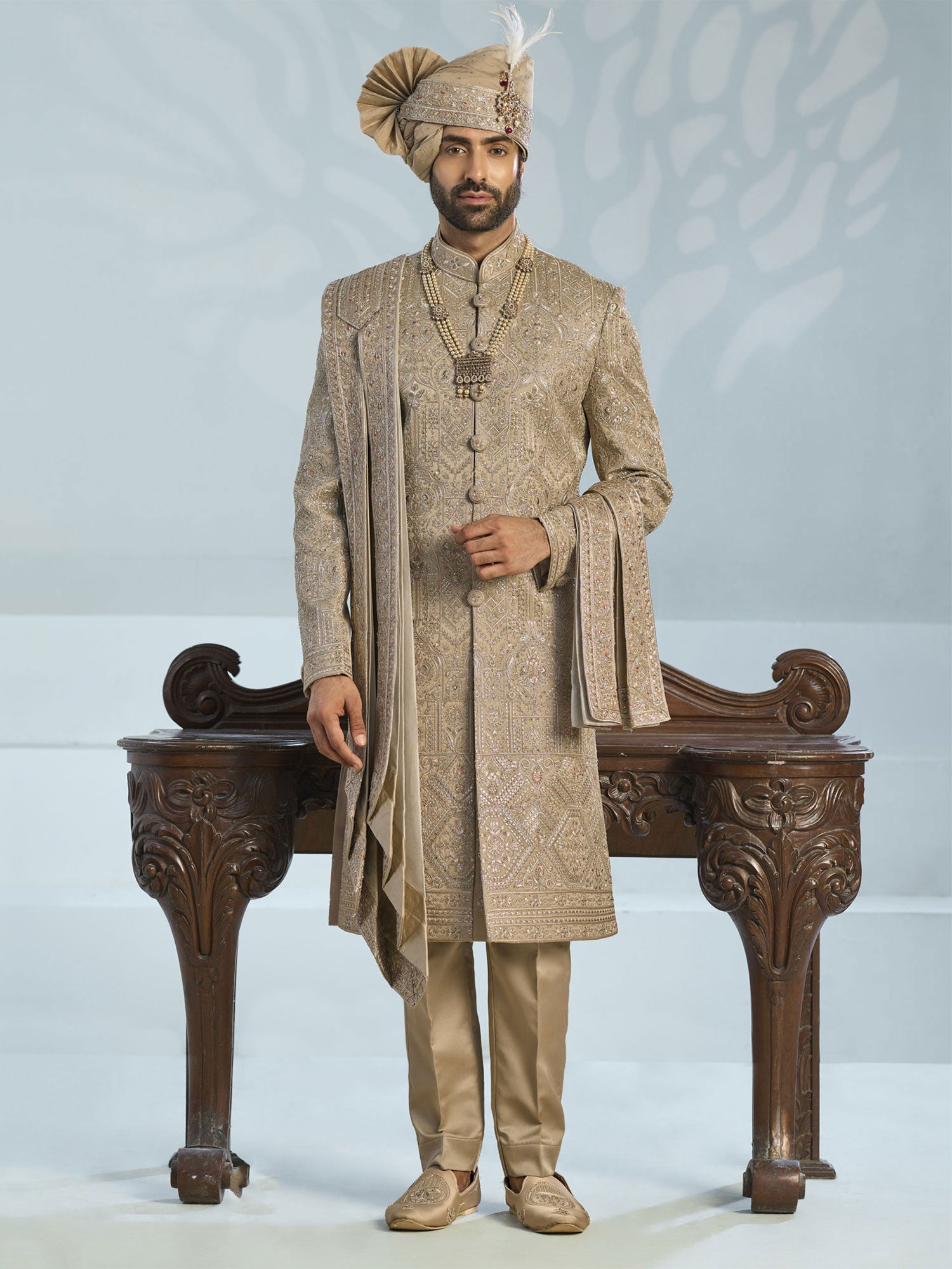 Golden Silk Sherwani With Stole In Heavy Embroidery
