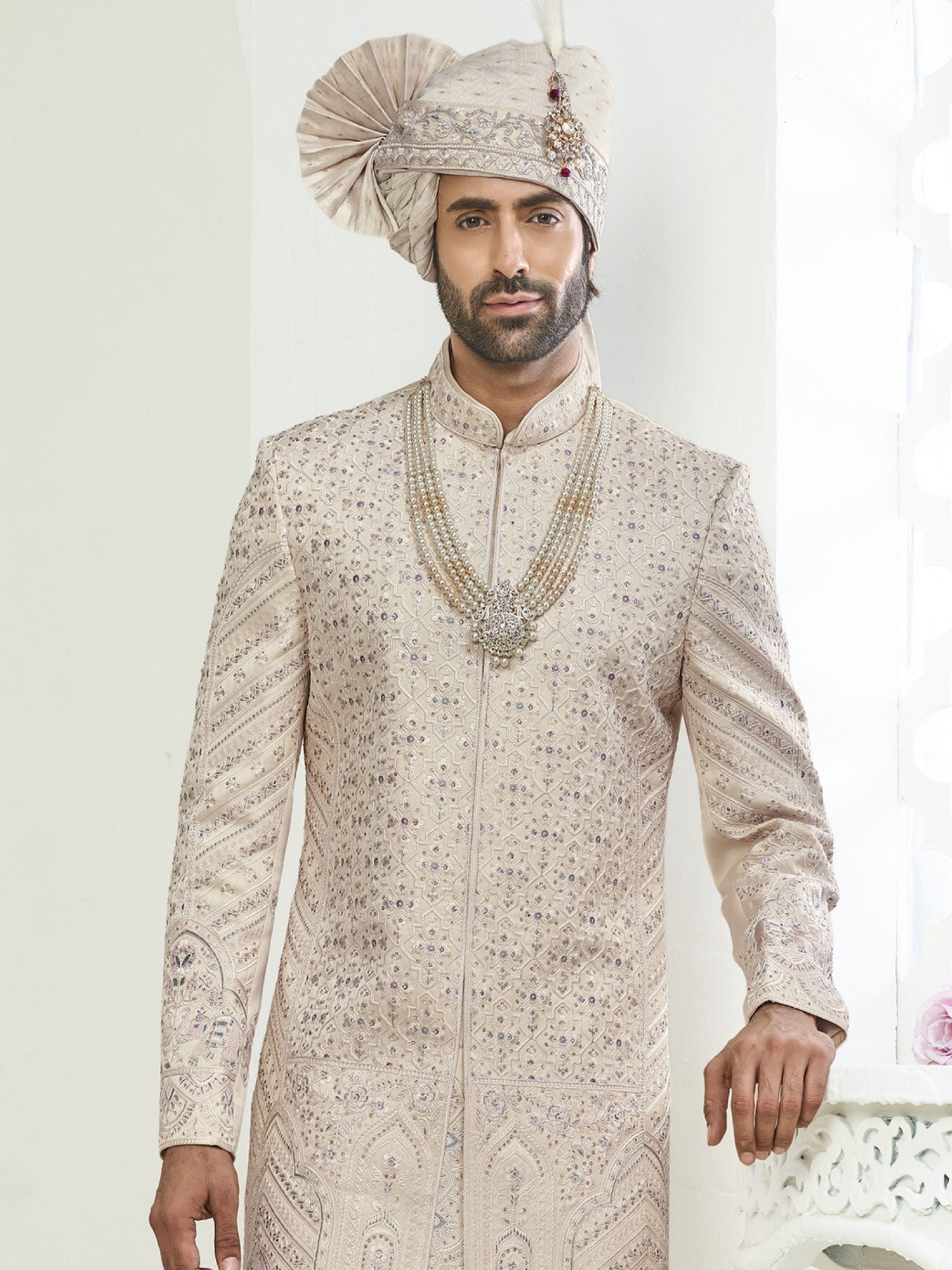 Cream Heavy Stone Work Wedding Sherwani Set