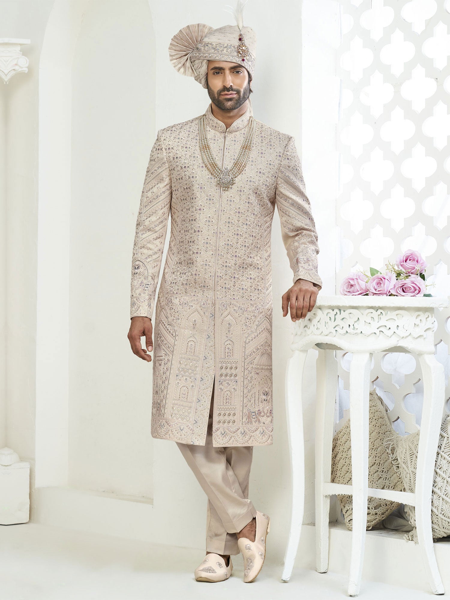 Cream Heavy Stone Work Wedding Sherwani Set