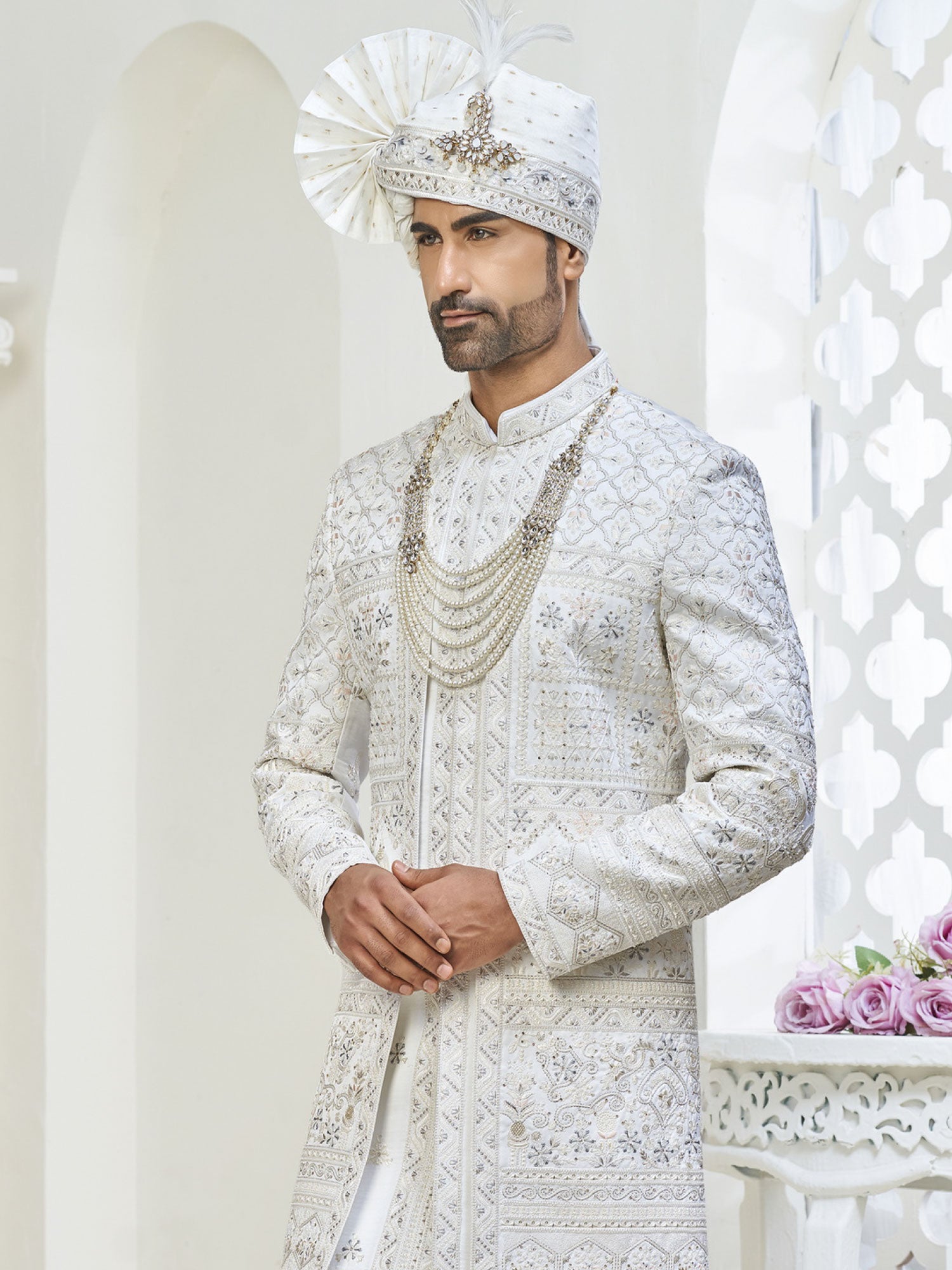 White Wedding Wear Layered Sherwani For Grooms