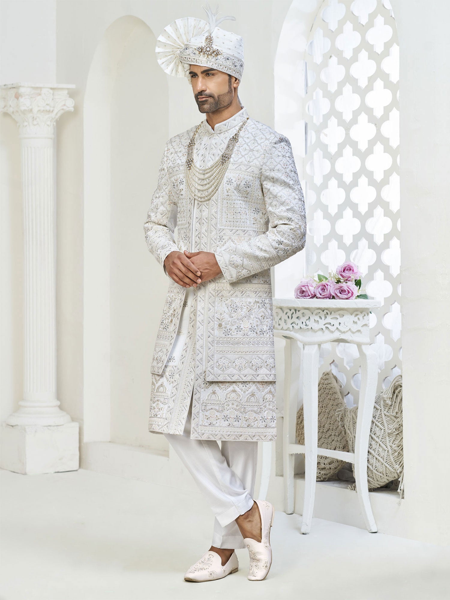 White Wedding Wear Layered Sherwani For Grooms