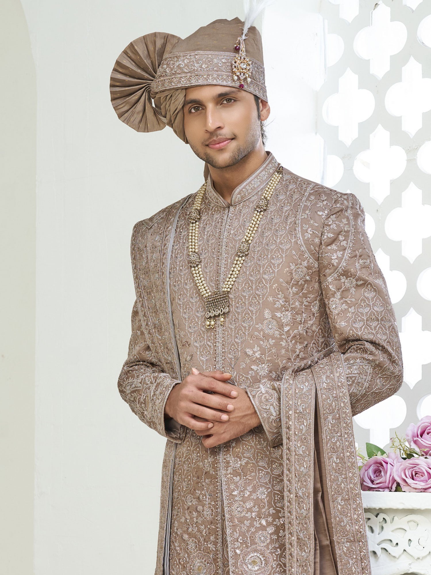 Rosegold Beige Men's Sherwani With Stole In Silk