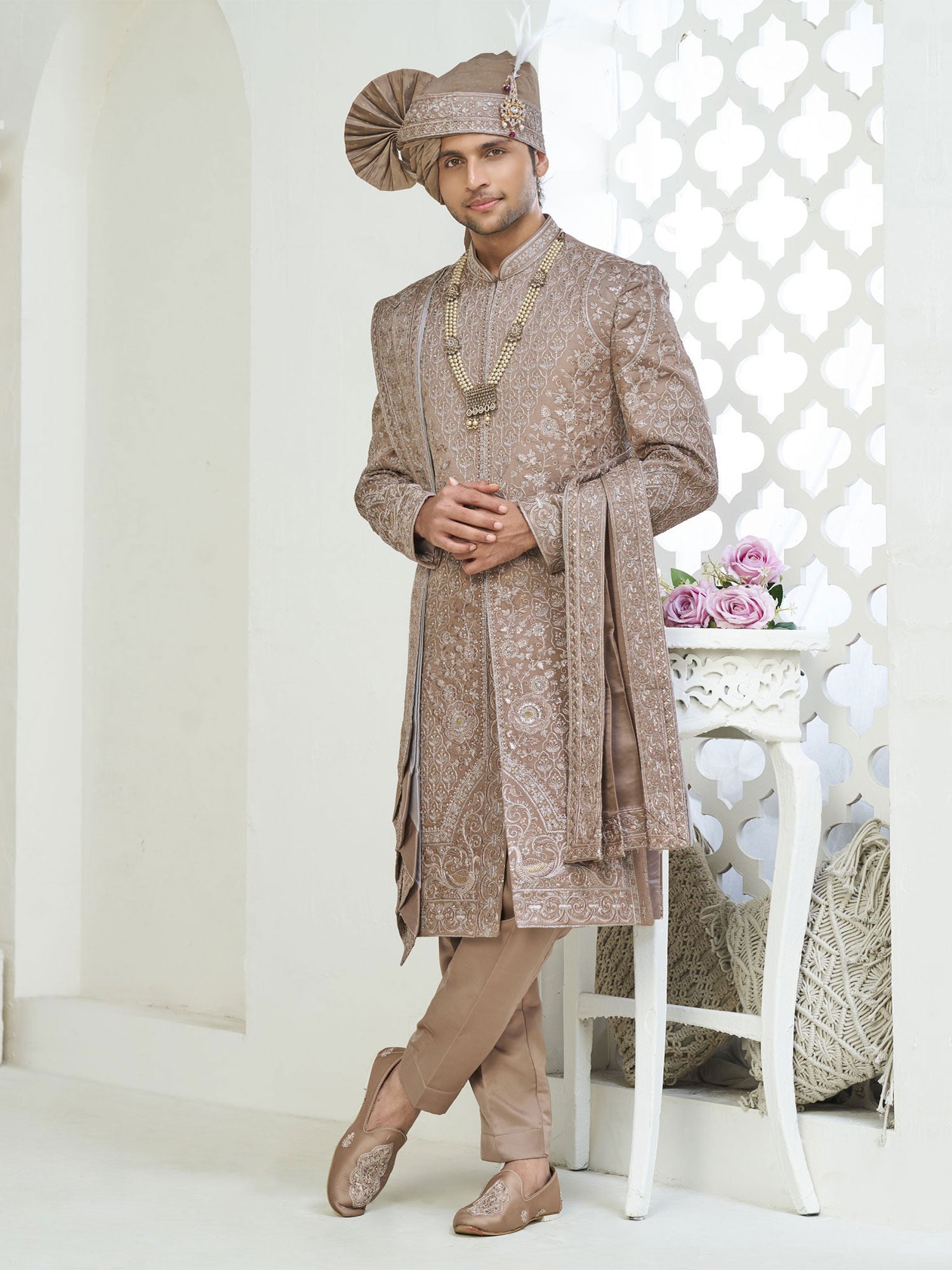 Rosegold Beige Men's Sherwani With Stole In Silk