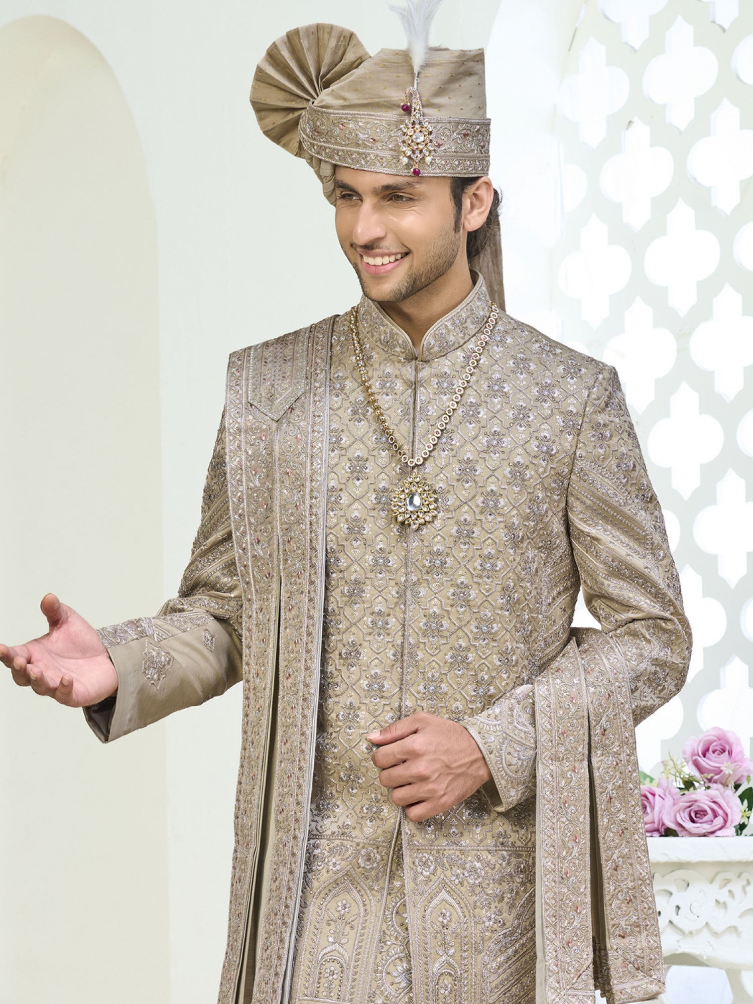 Beige Groom's Wedding Sherwani With Stole In Silk