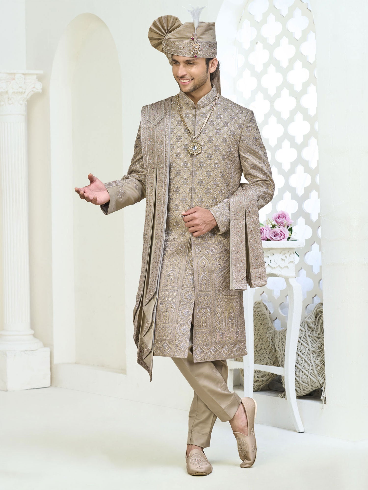 Beige Groom's Wedding Sherwani With Stole In Silk