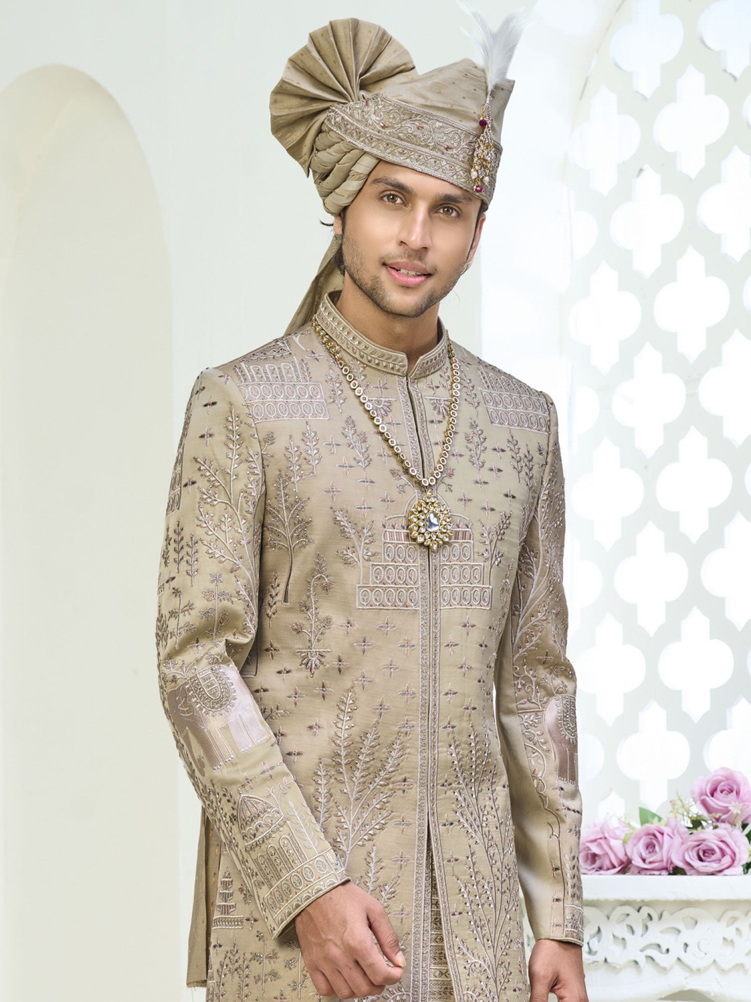 Beige Silk Sherwani In Floral Thread Embellishments