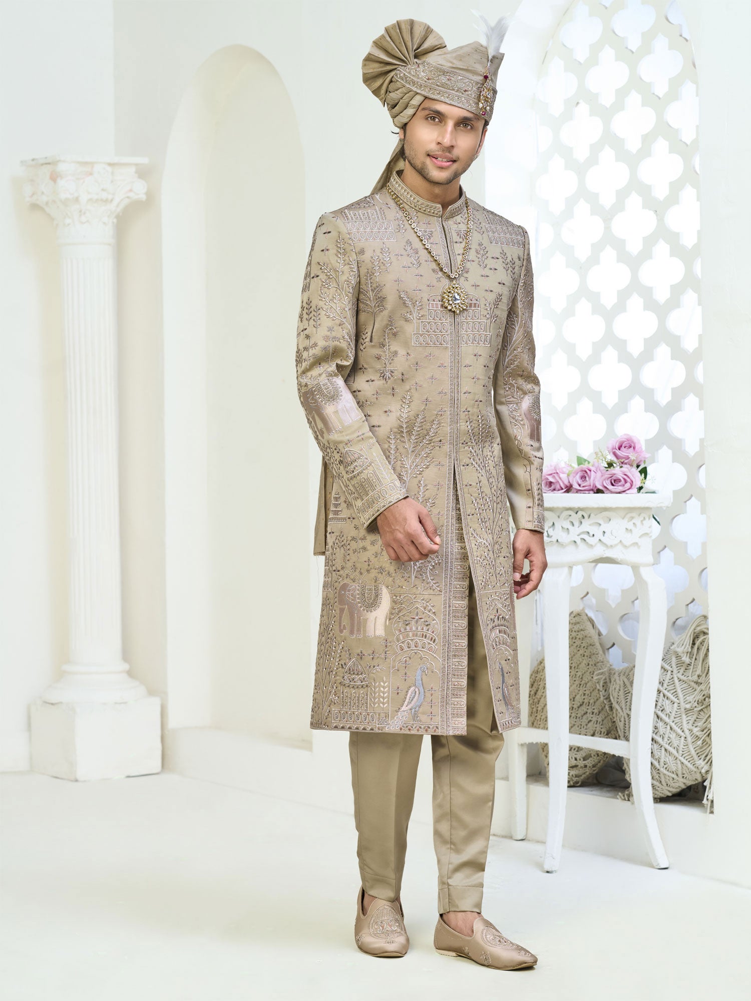 Beige Silk Sherwani In Floral Thread Embellishments