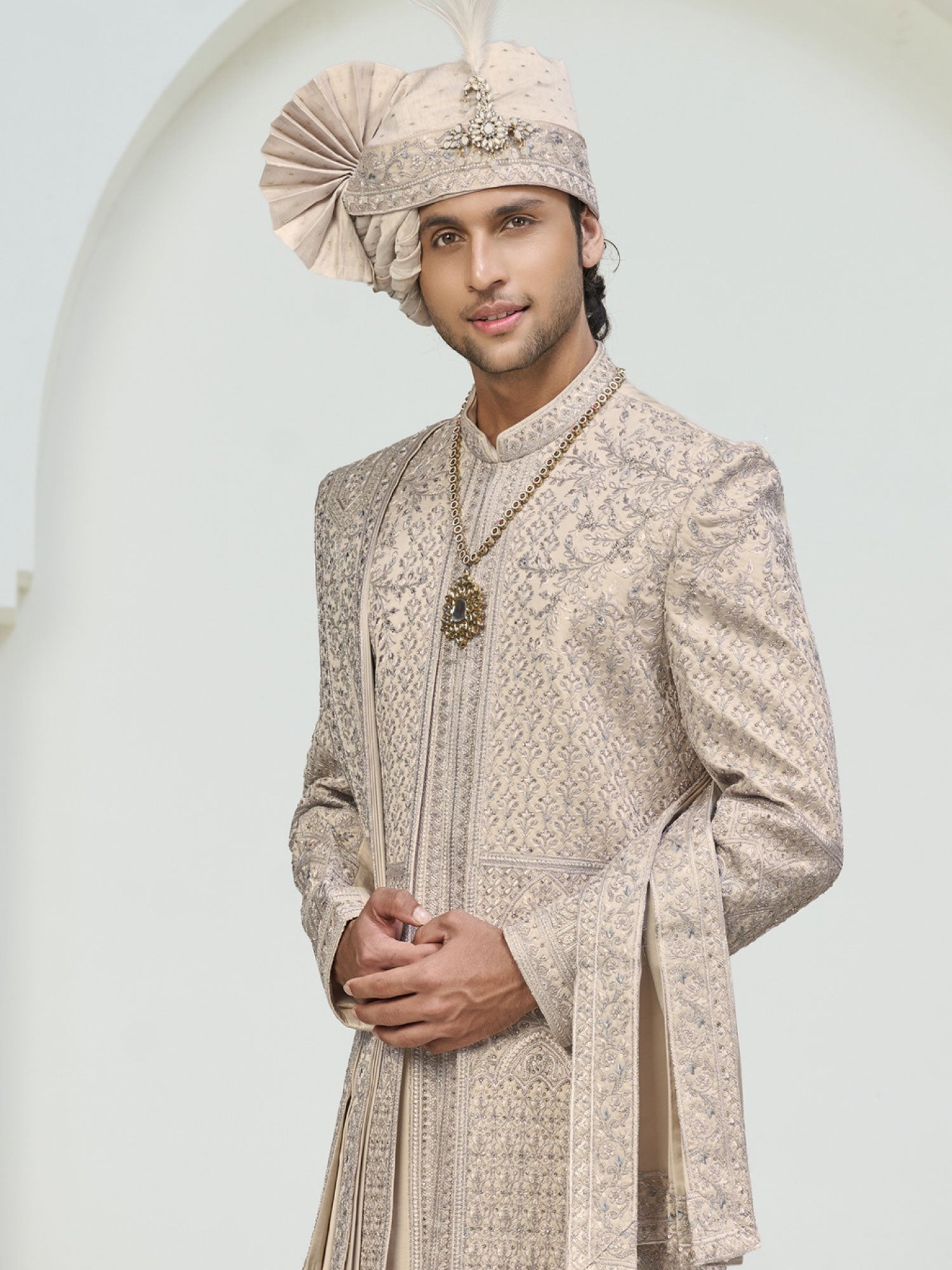 Cream Embroidered Groom's Layered Style Sherwani