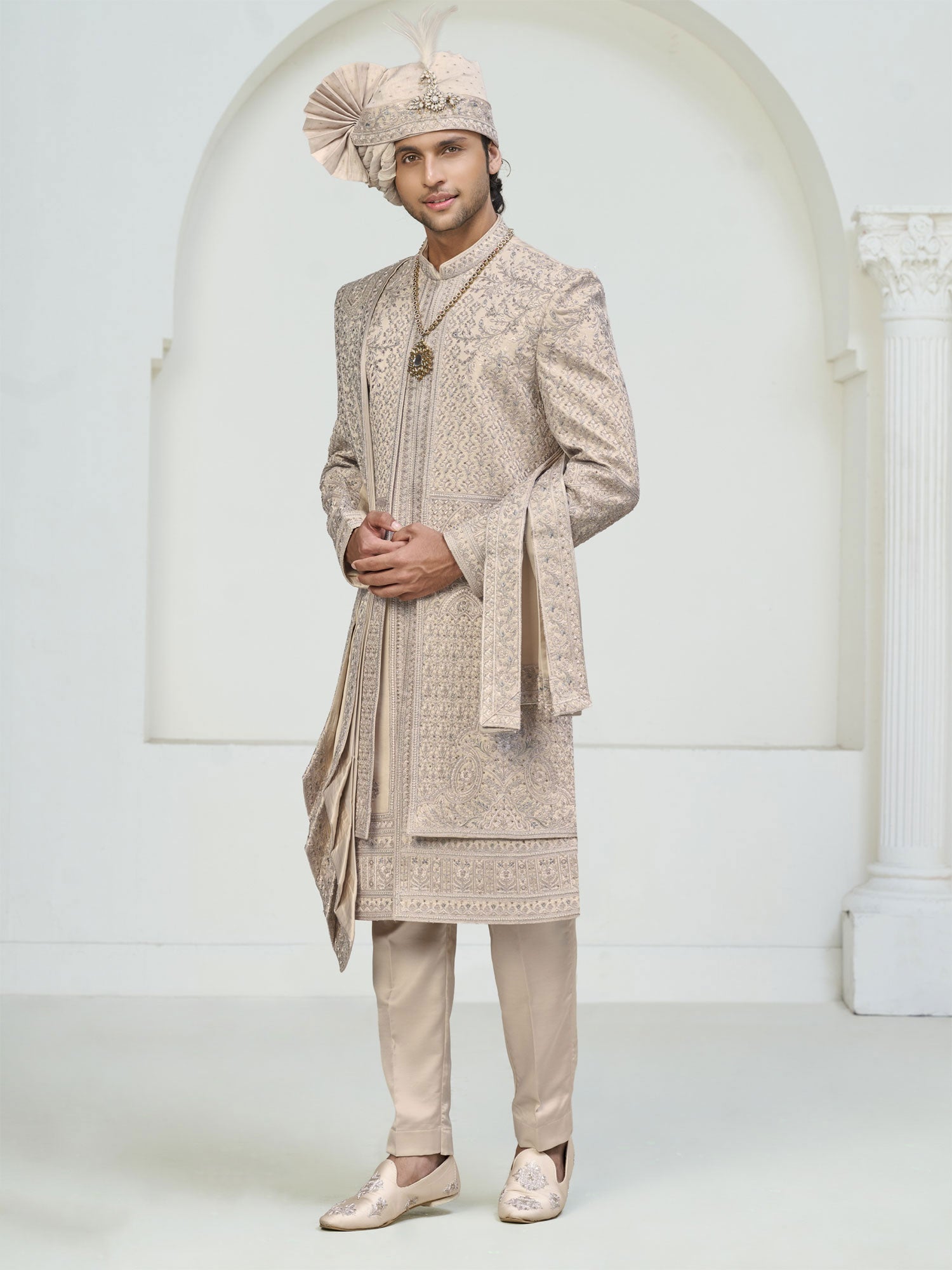 Cream Embroidered Groom's Layered Style Sherwani