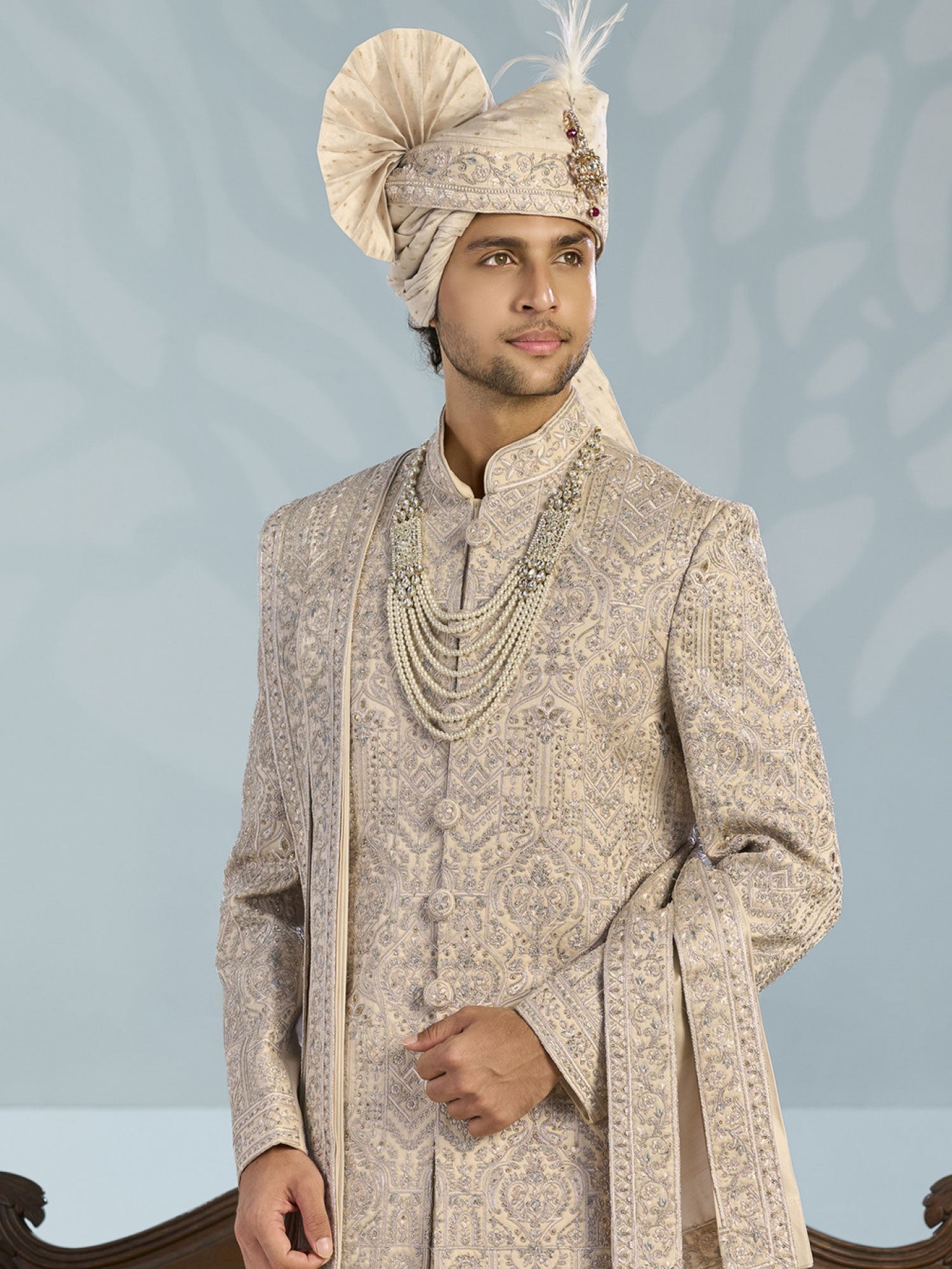 Cream Heavy Floral Embellished Silk Sherwani Set