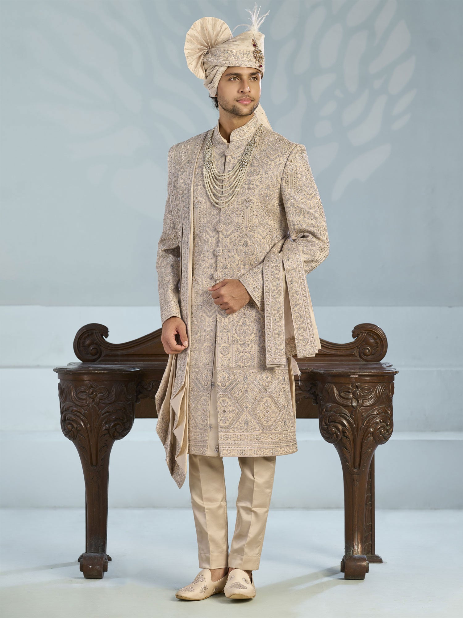 Cream Heavy Floral Embellished Silk Sherwani Set
