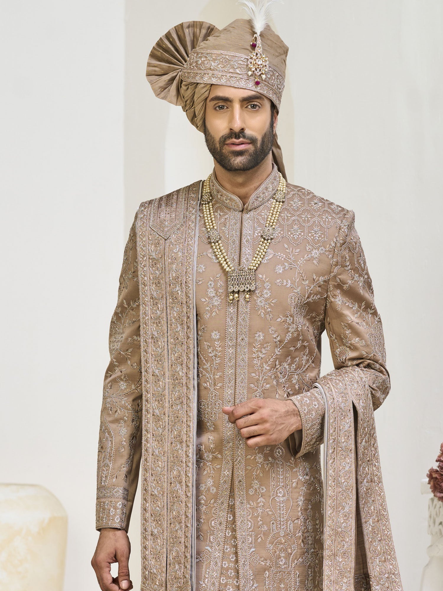 Rosegold Beige Embroidered Silk Sherwani With Stole