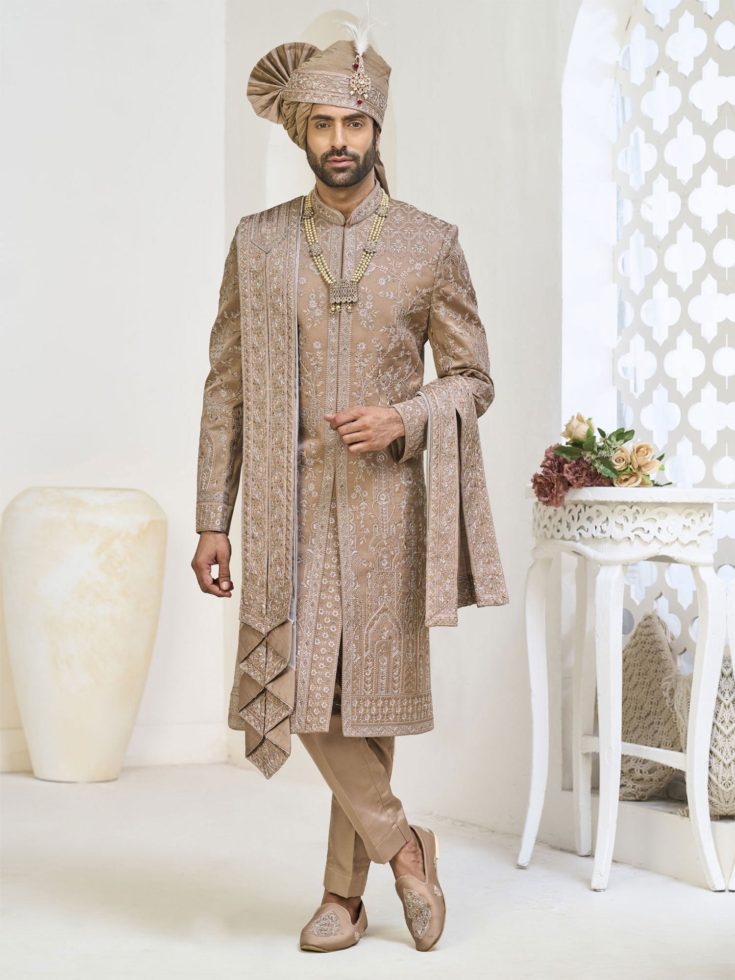 Rosegold Beige Embroidered Silk Sherwani With Stole