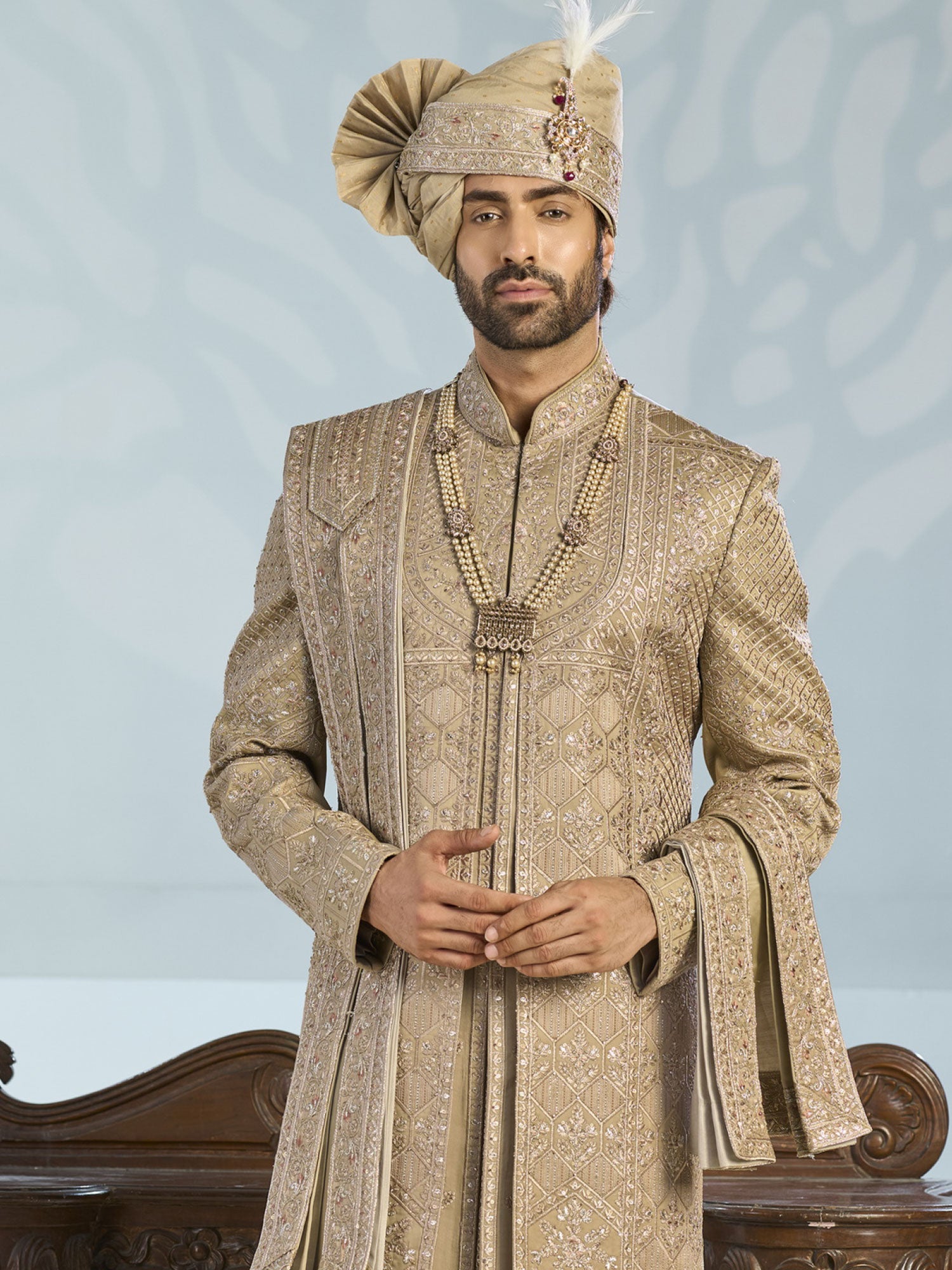 Golden Layered Sherwani With Embroidered Stole