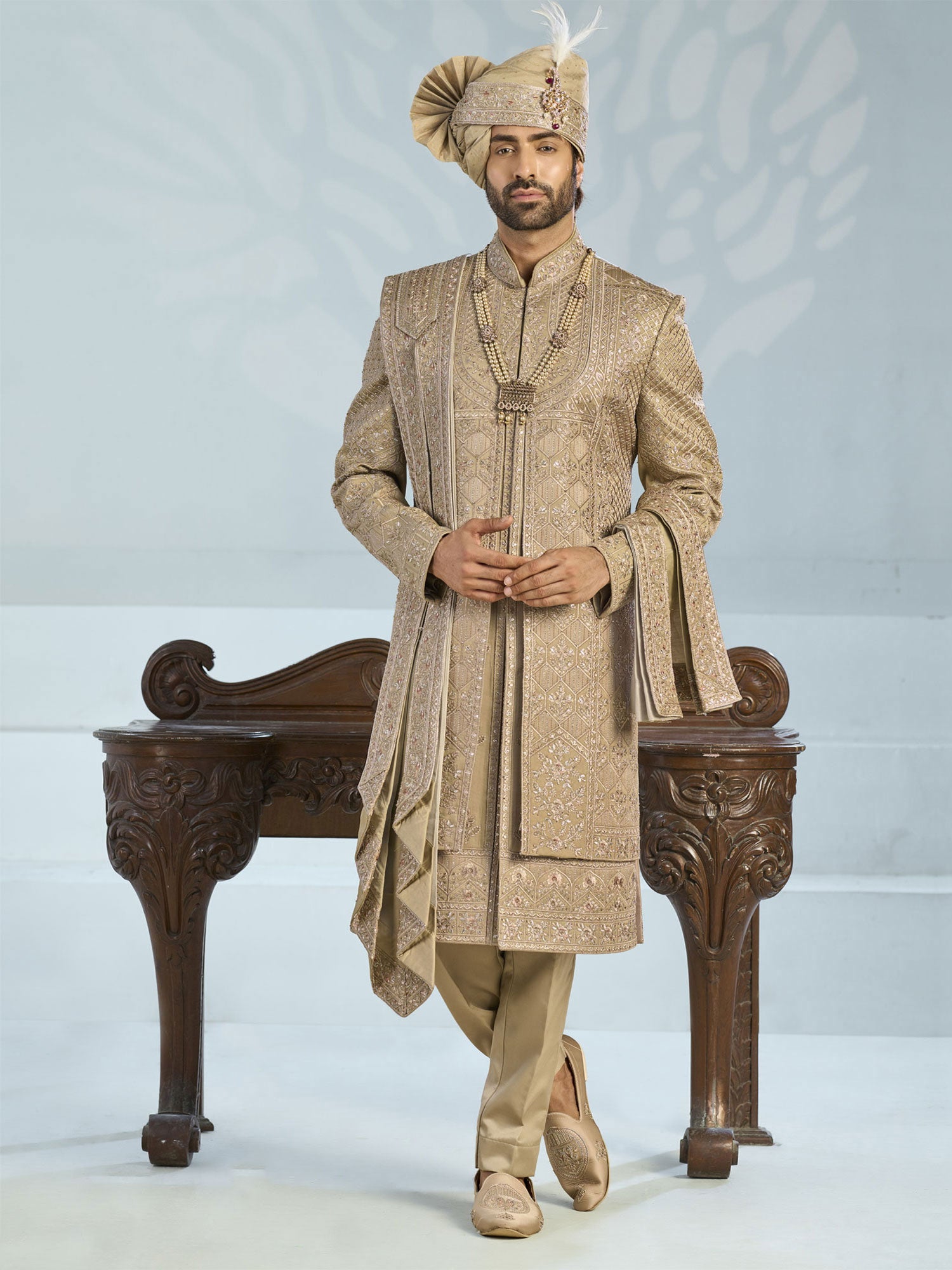 Golden Layered Sherwani With Embroidered Stole