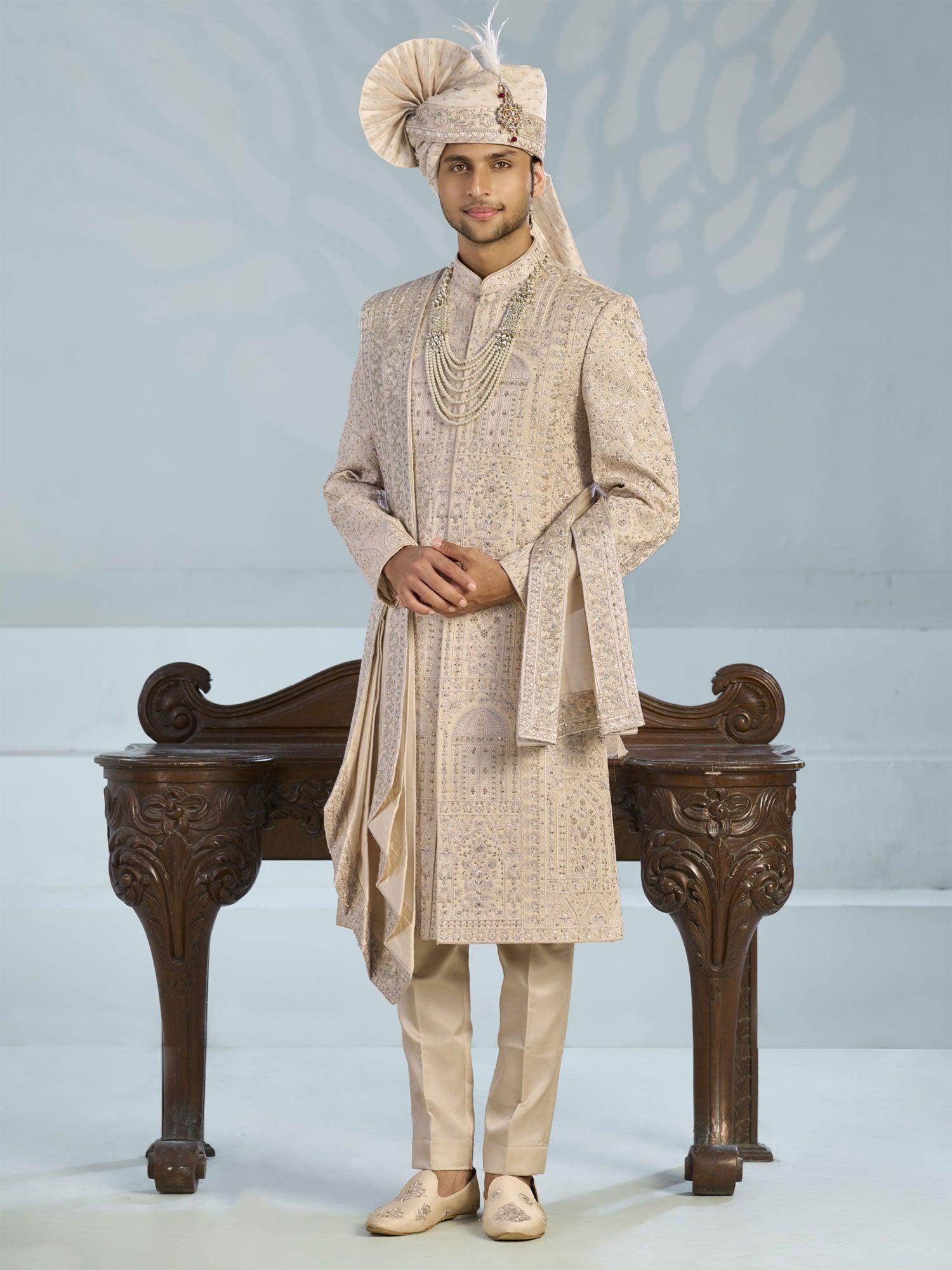 Cream Wedding Sherwani Set With Stole In Silk