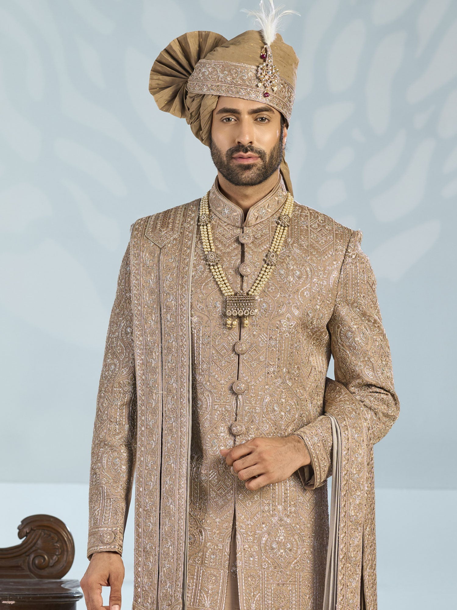 Rosegold Beige Groom's Sherwani With Embroidered Stole