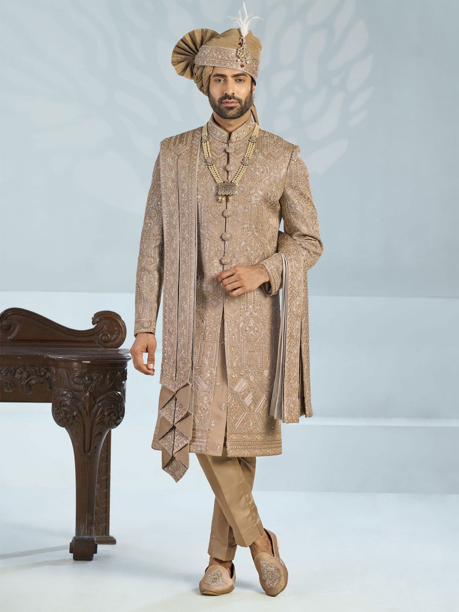 Rosegold Beige Groom's Sherwani With Embroidered Stole