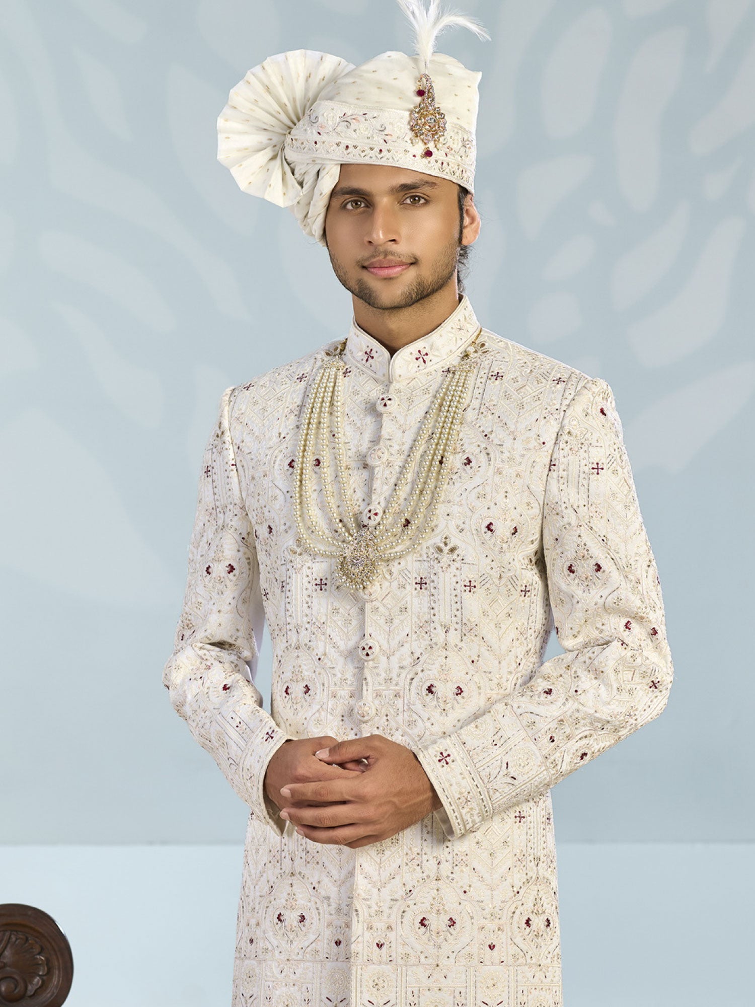 Off White Sequins Work Enhanced Silk Sherwani