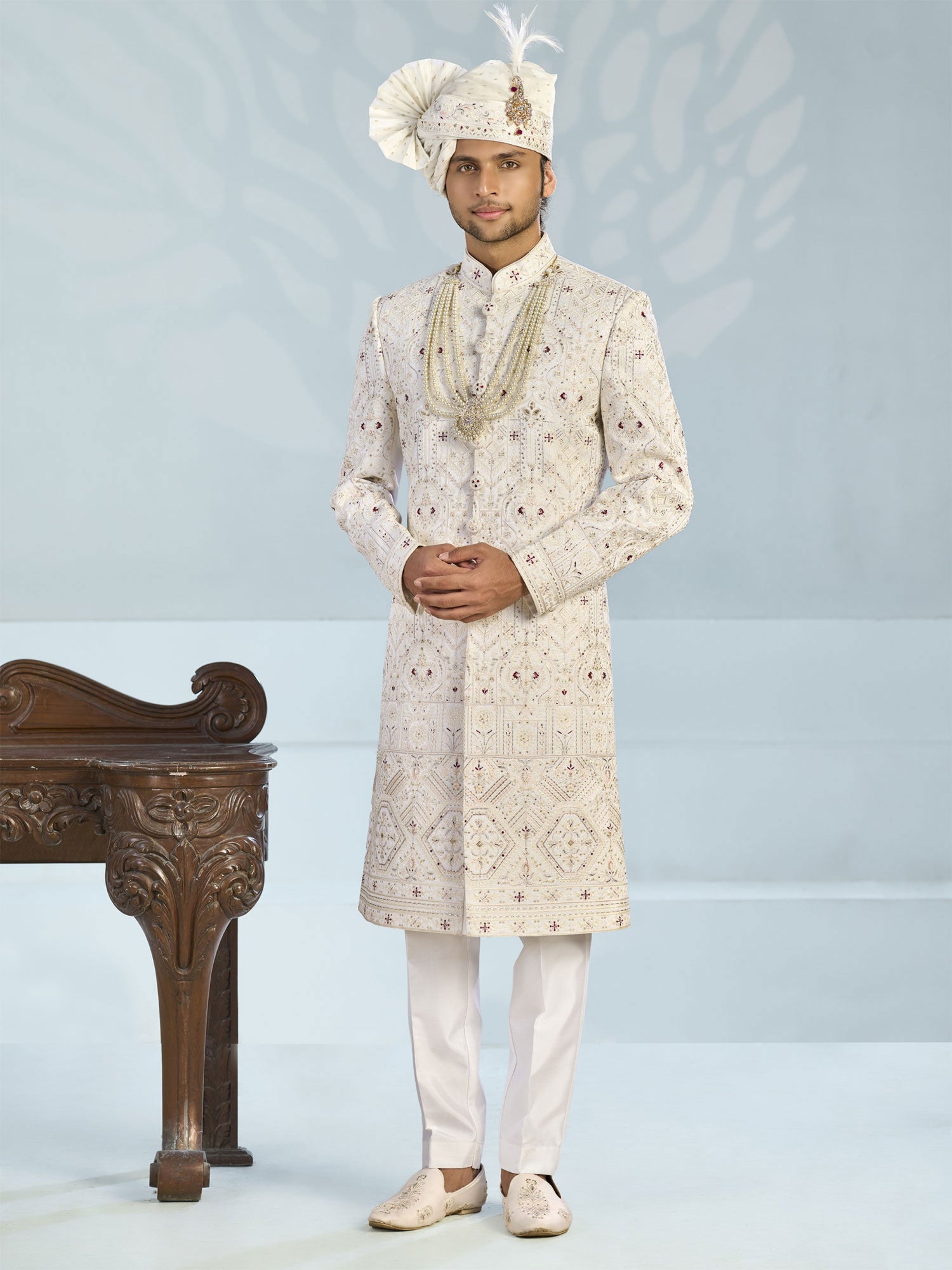 Off White Sequins Work Enhanced Silk Sherwani
