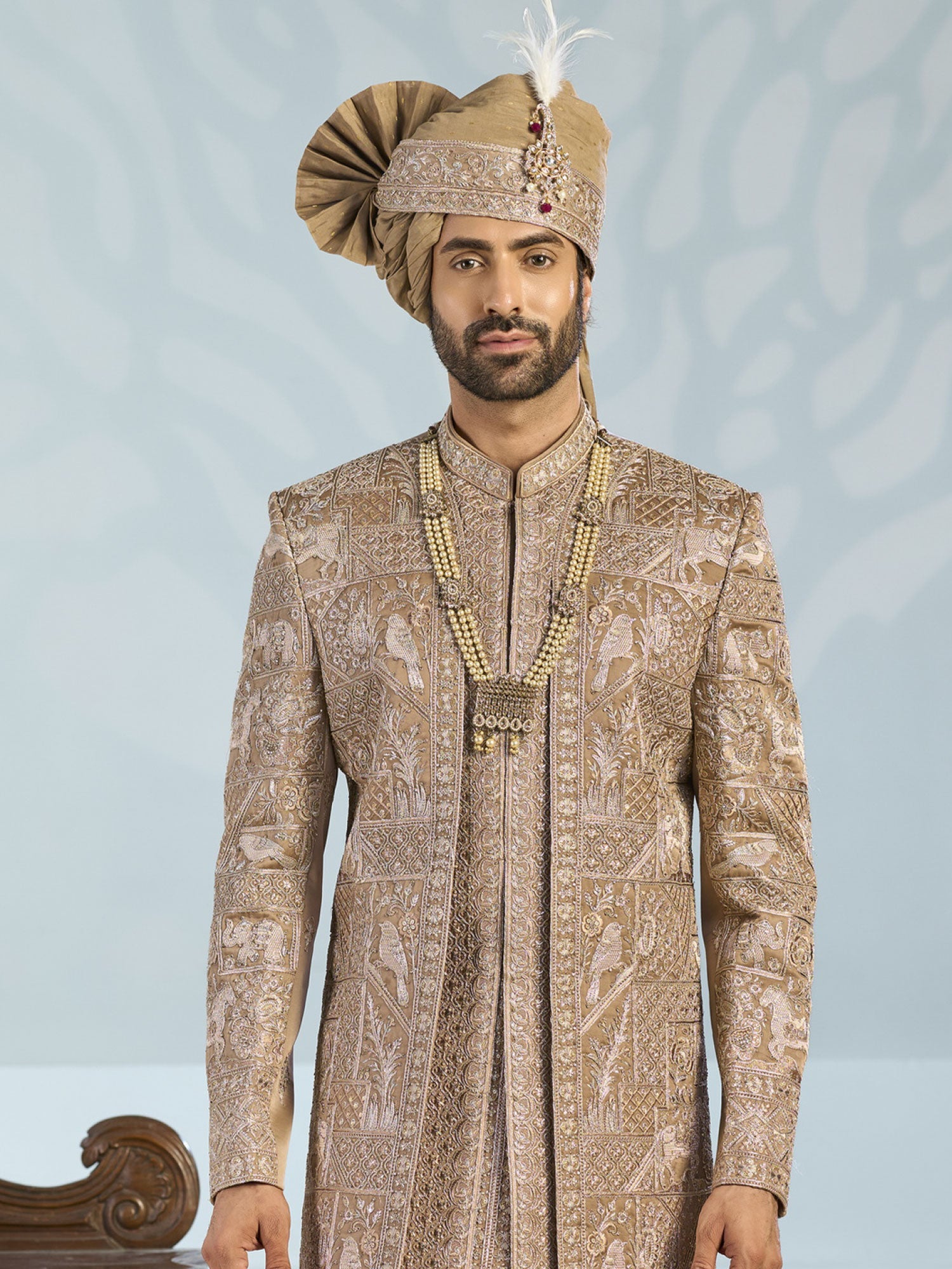Rosegold Beige Stone Work Layered Sherwani Set