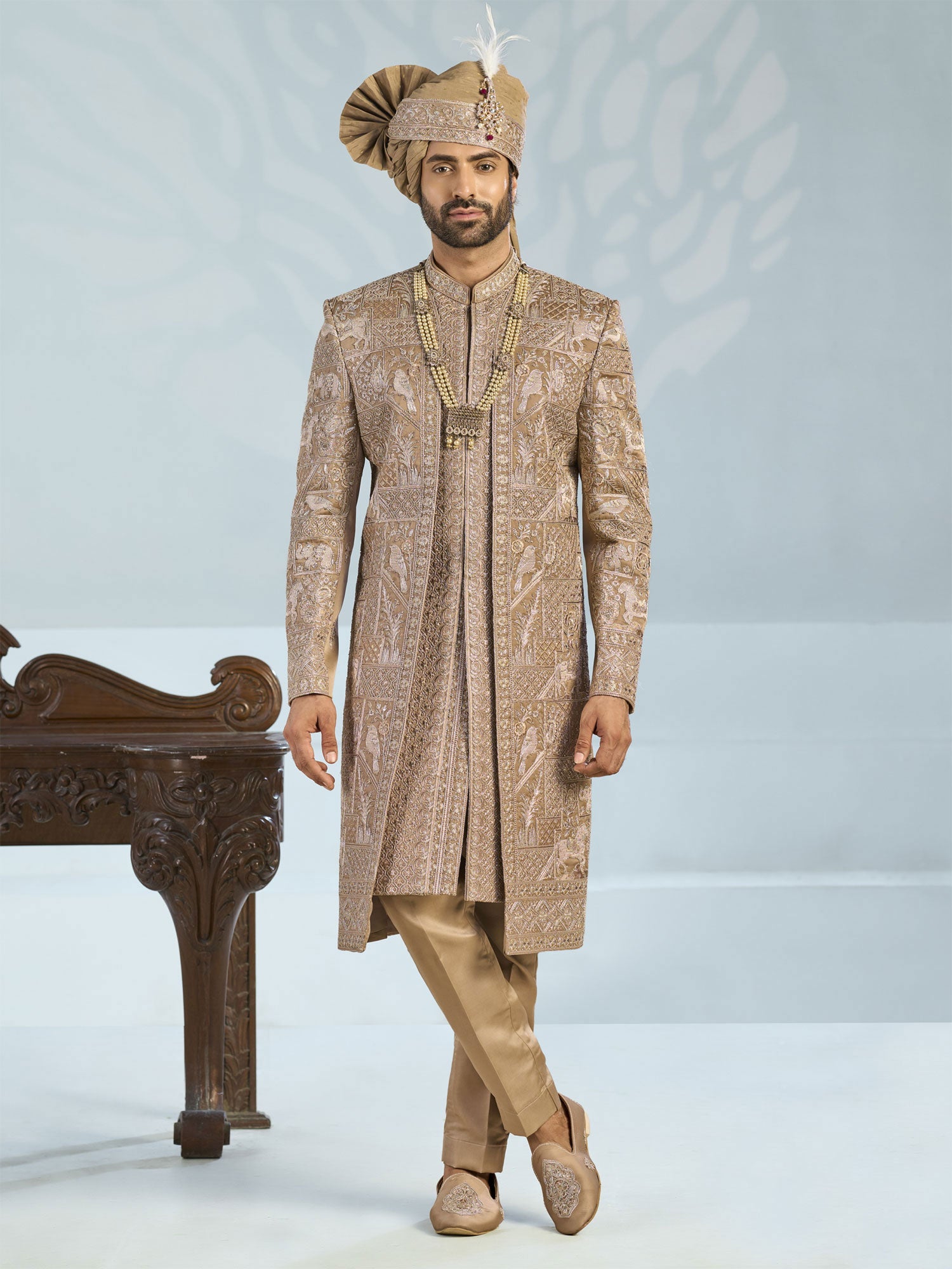 Rosegold Beige Stone Work Layered Sherwani Set