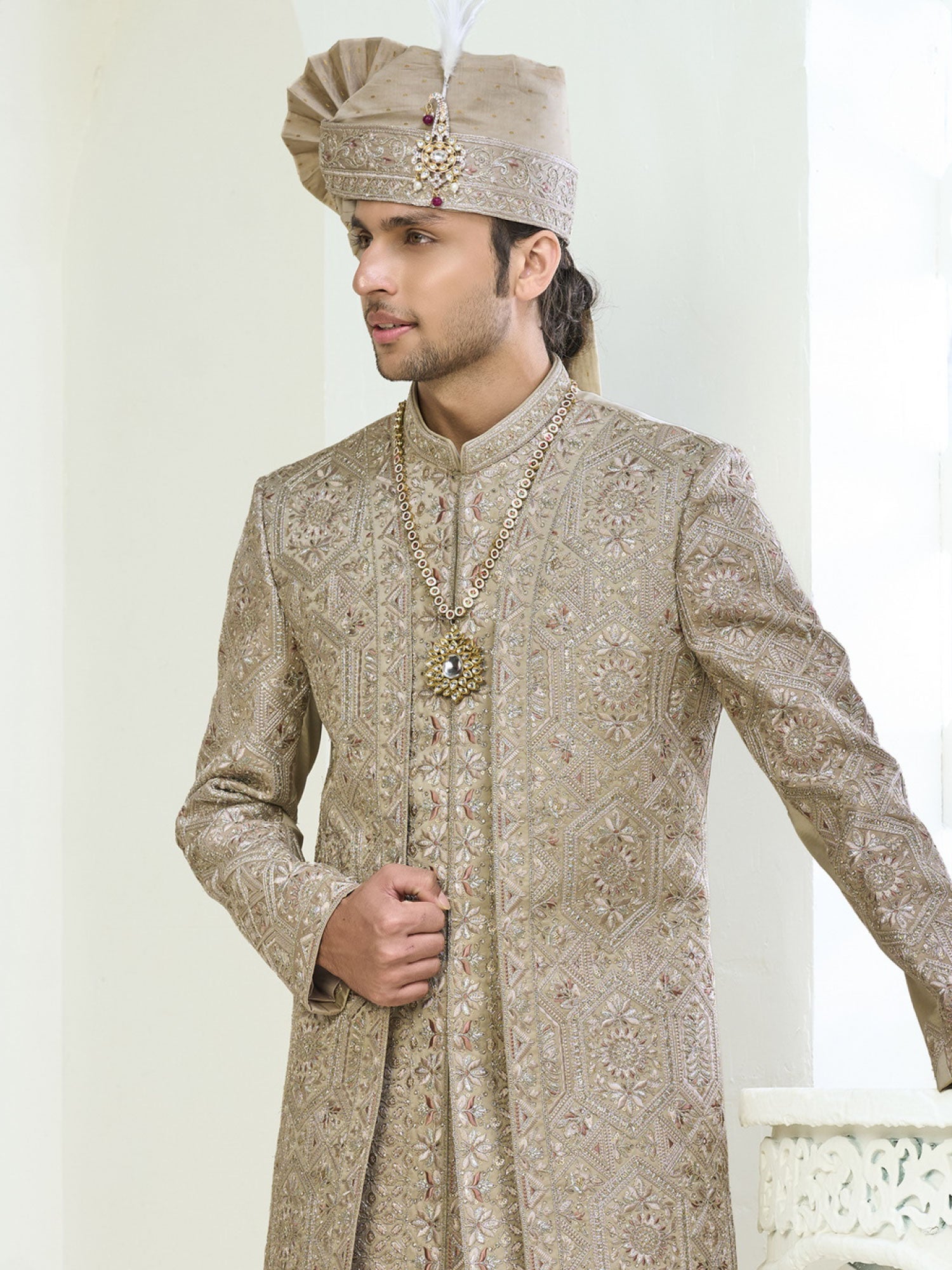Green Layered Style Wedding Sherwani In Silk