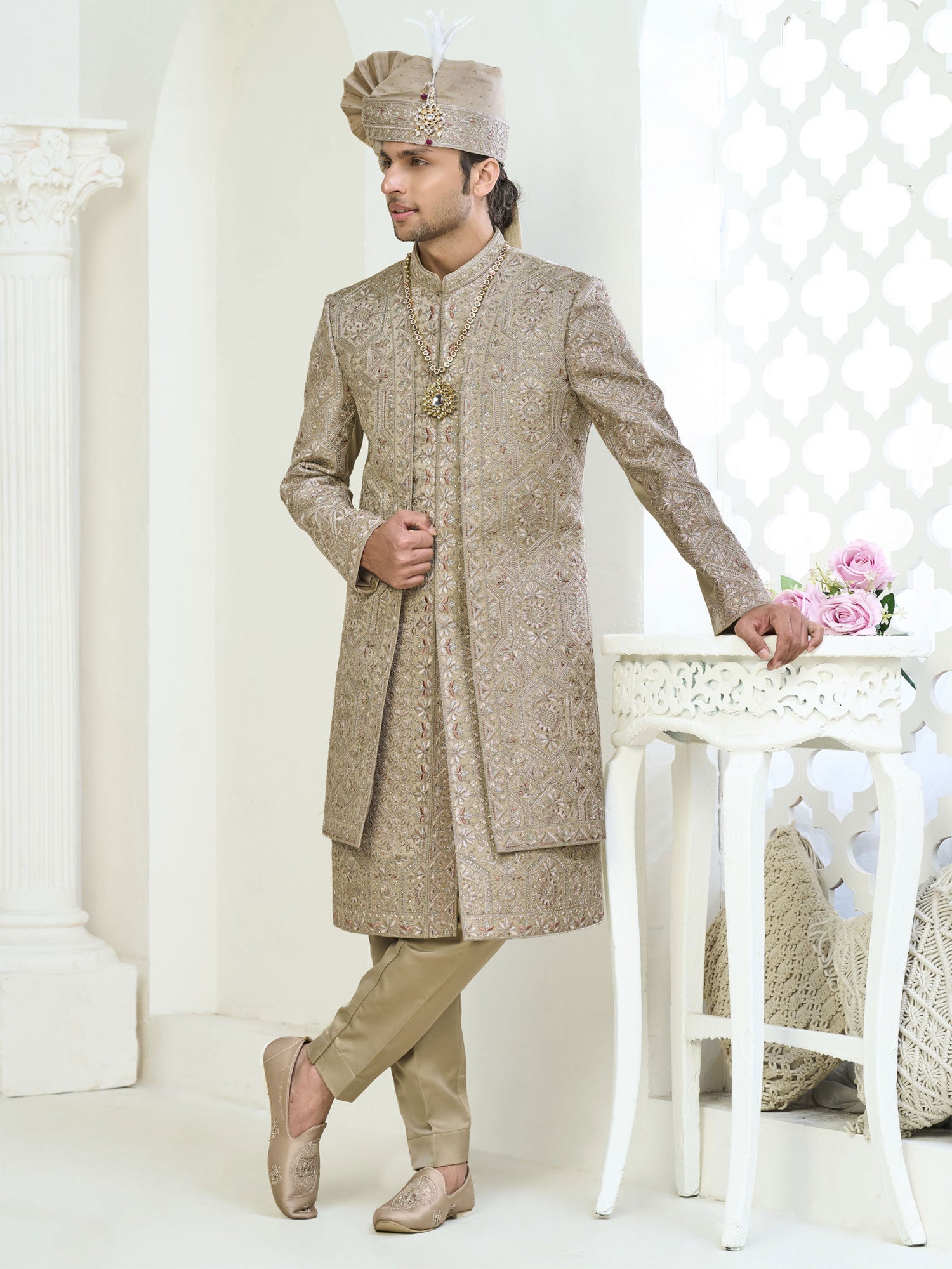 Green Layered Style Wedding Sherwani In Silk