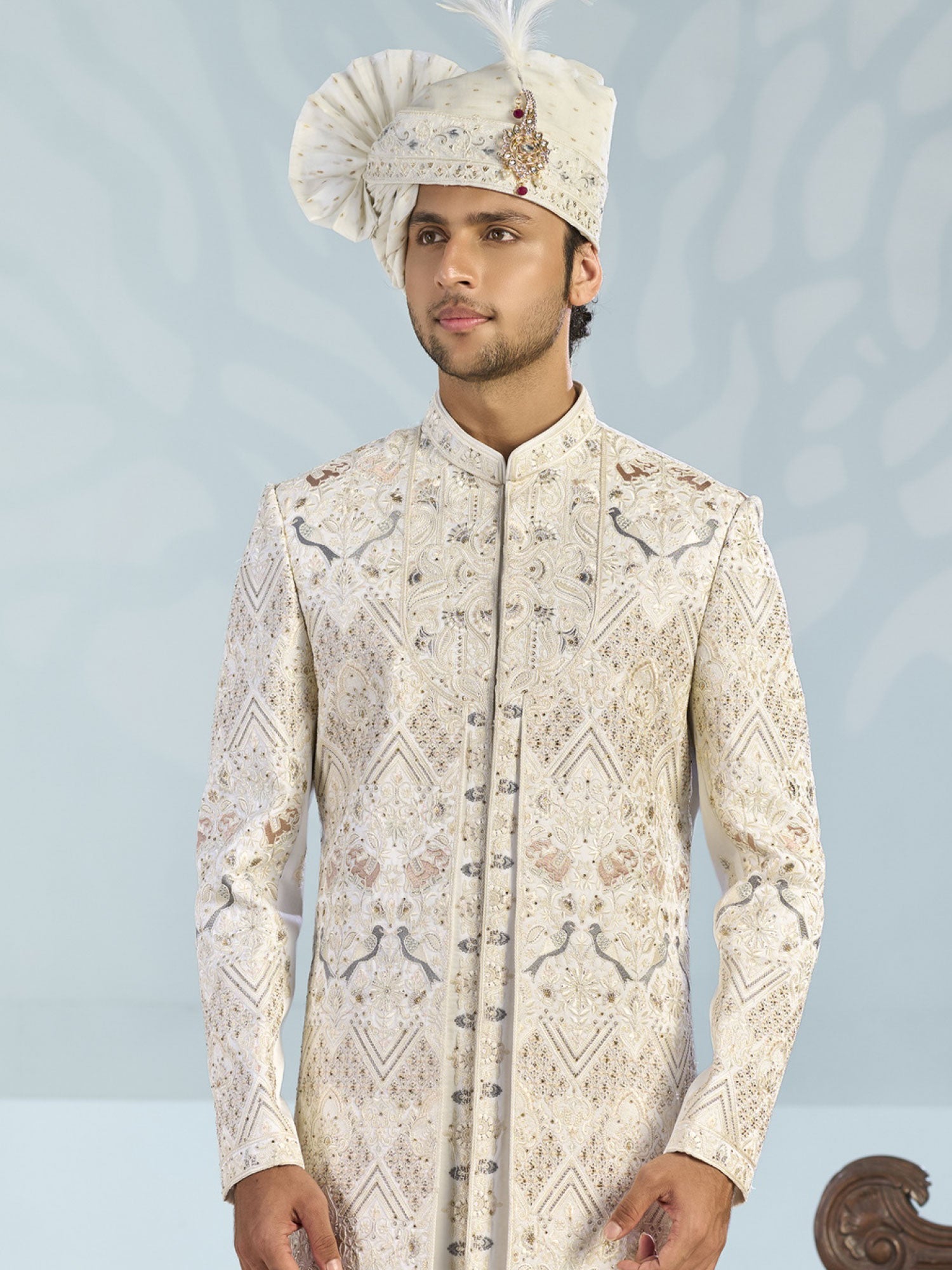 Off White Groom's Silk Sherwani In Layered Style
