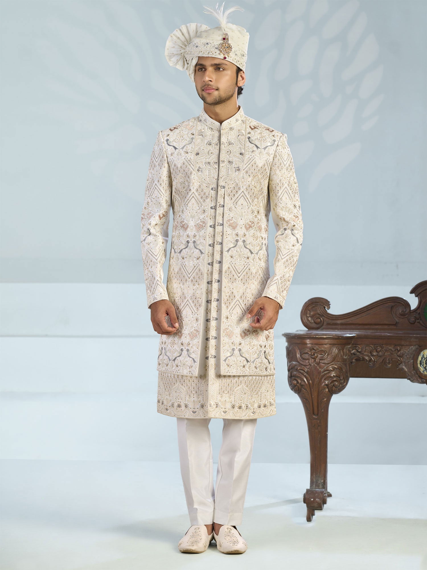 Off White Groom's Silk Sherwani In Layered Style