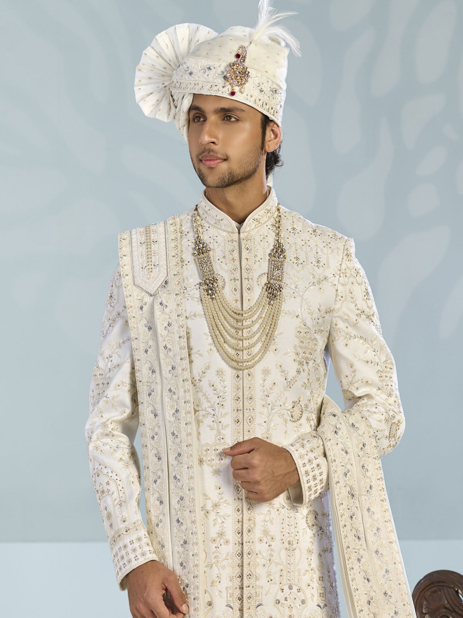 Off White Groom's Sherwani With Anarkali Style Kurta